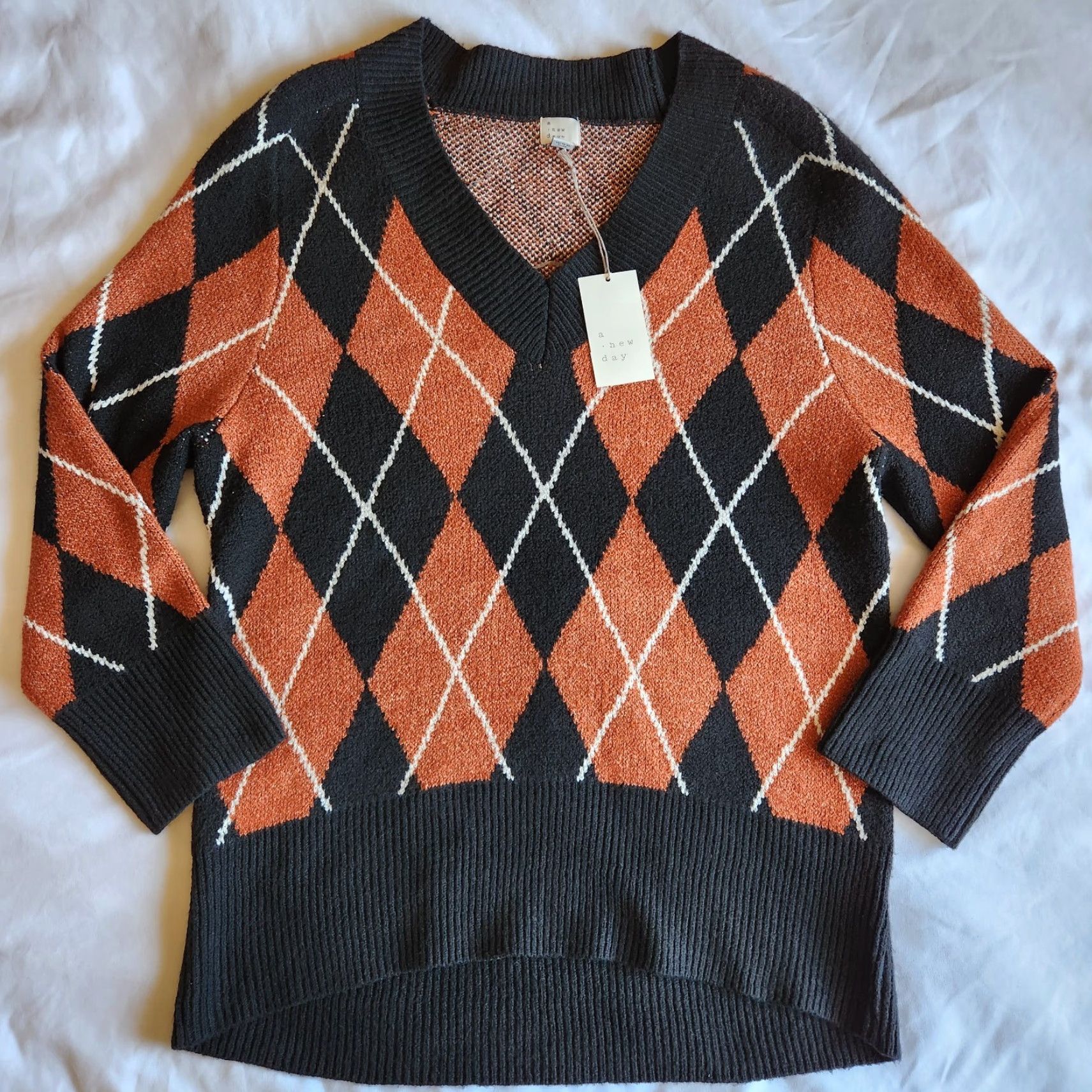 Vintage A New Day Long Sleeve Knitted Black Rust Orange Argyle Tunic Women's Med Sweater Size M / US 6-8 / IT 42-44 - 4 Thumbnail