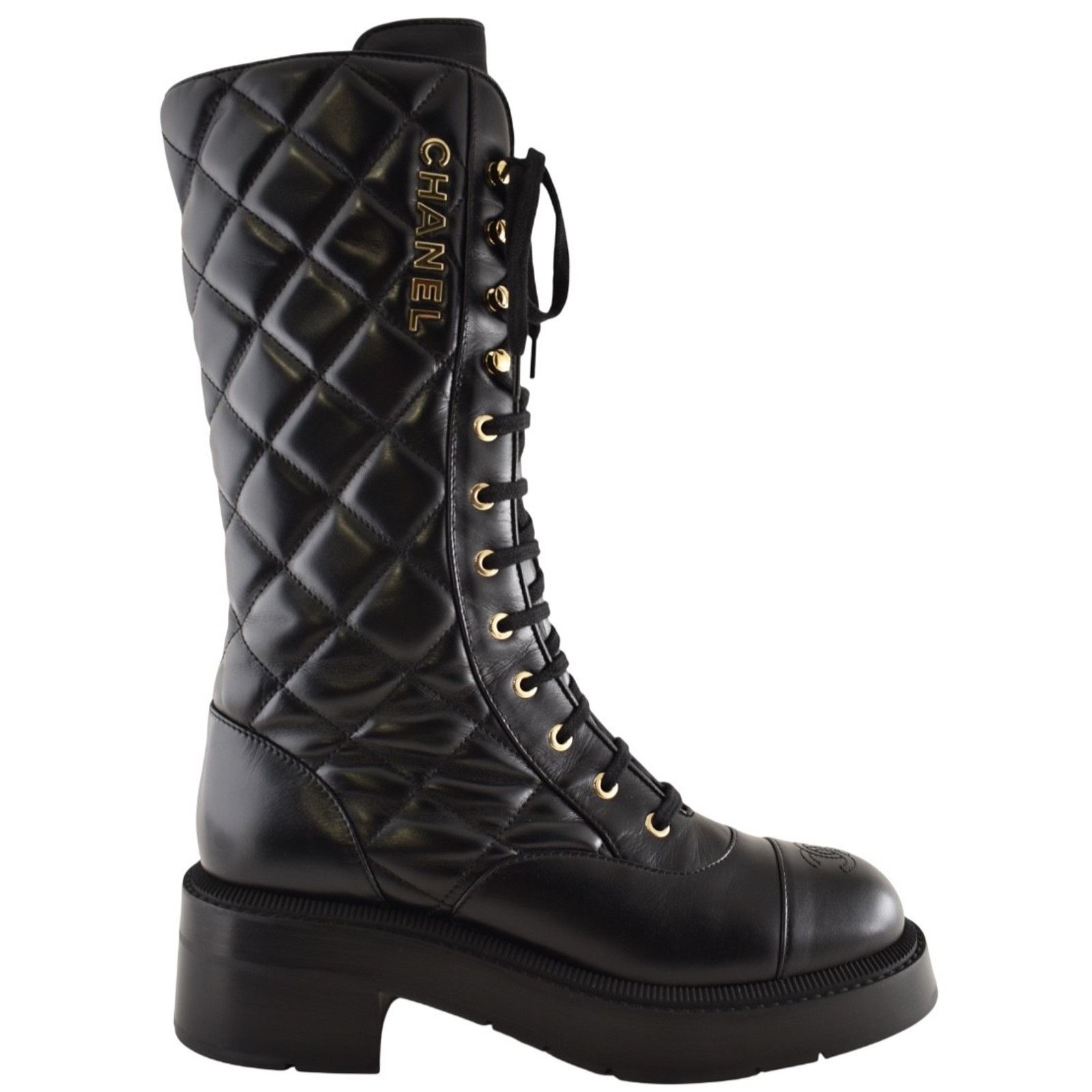 Chanel Chanel 24K Black Quilted CC Combat Lace Up Tall Boots 36 Size US 5 / IT 35 - 1 Thumbnail