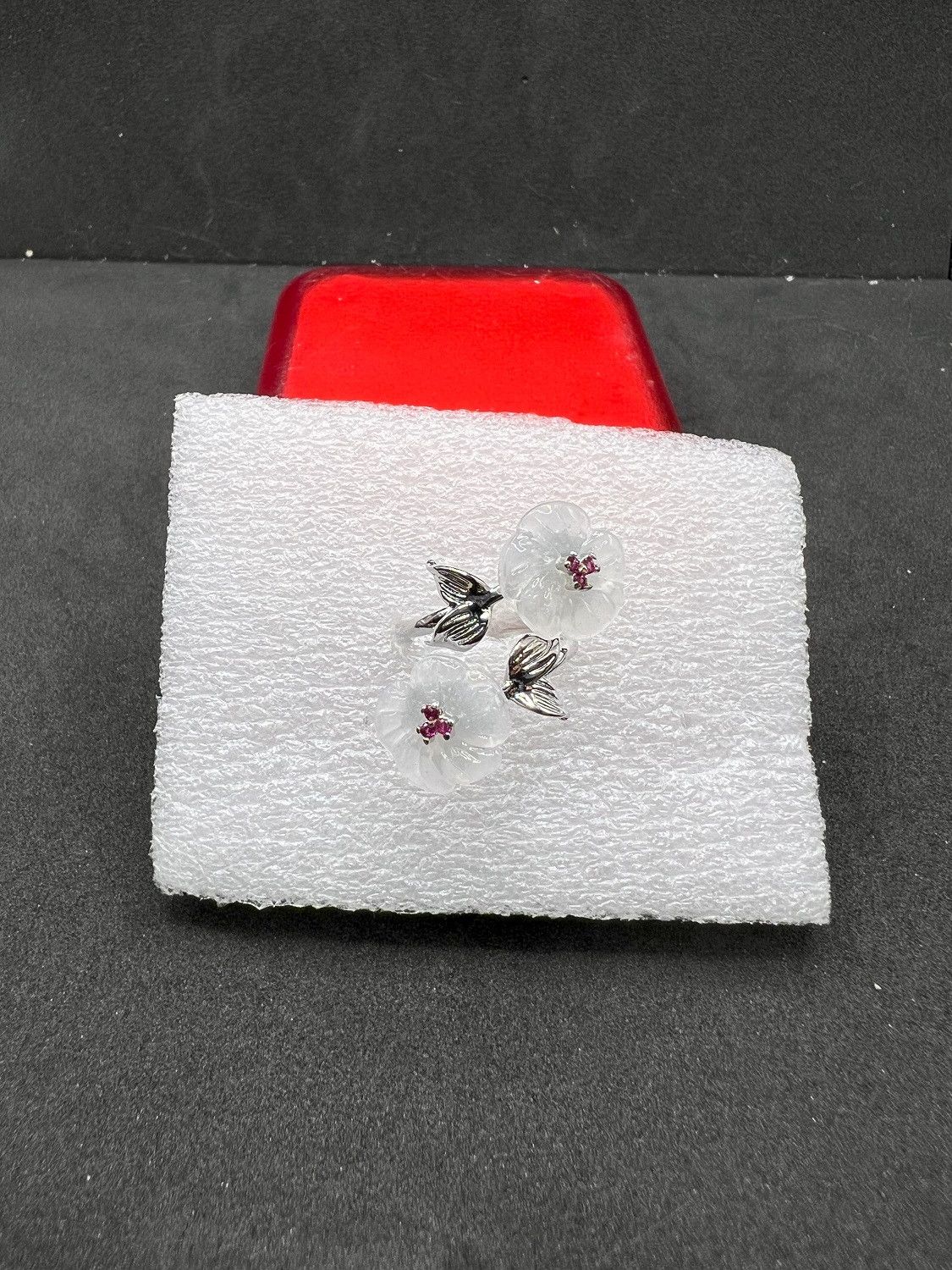 Designer Two White Jade Flowers Silver Ring with Pink Czs Size ONE SIZE - 1 Thumbnail