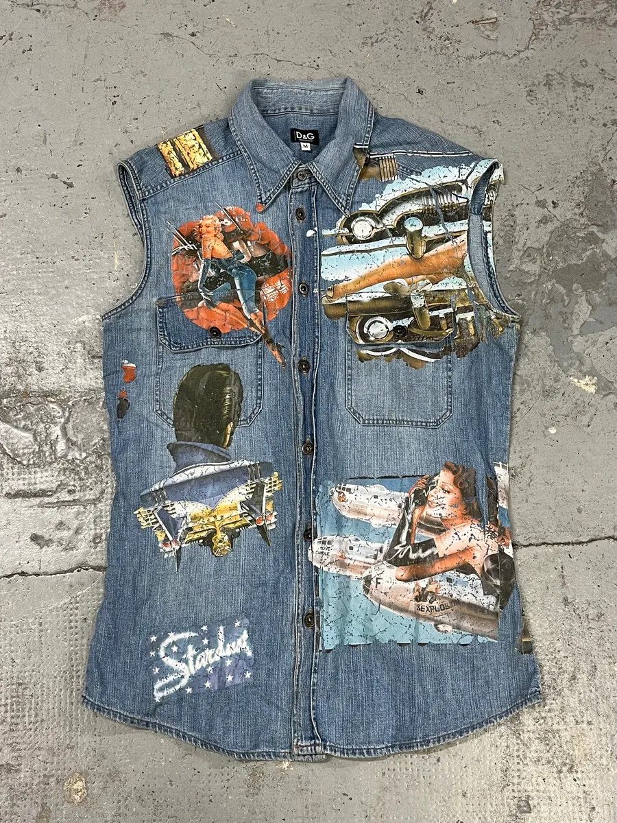 Designer × Dolce & Gabbana × Vintage AW2004 Dolce & Gabbana Blue Printed Sleeveless Denim Vest Size US M / EU 48-50 / 2 - 1 Thumbnail