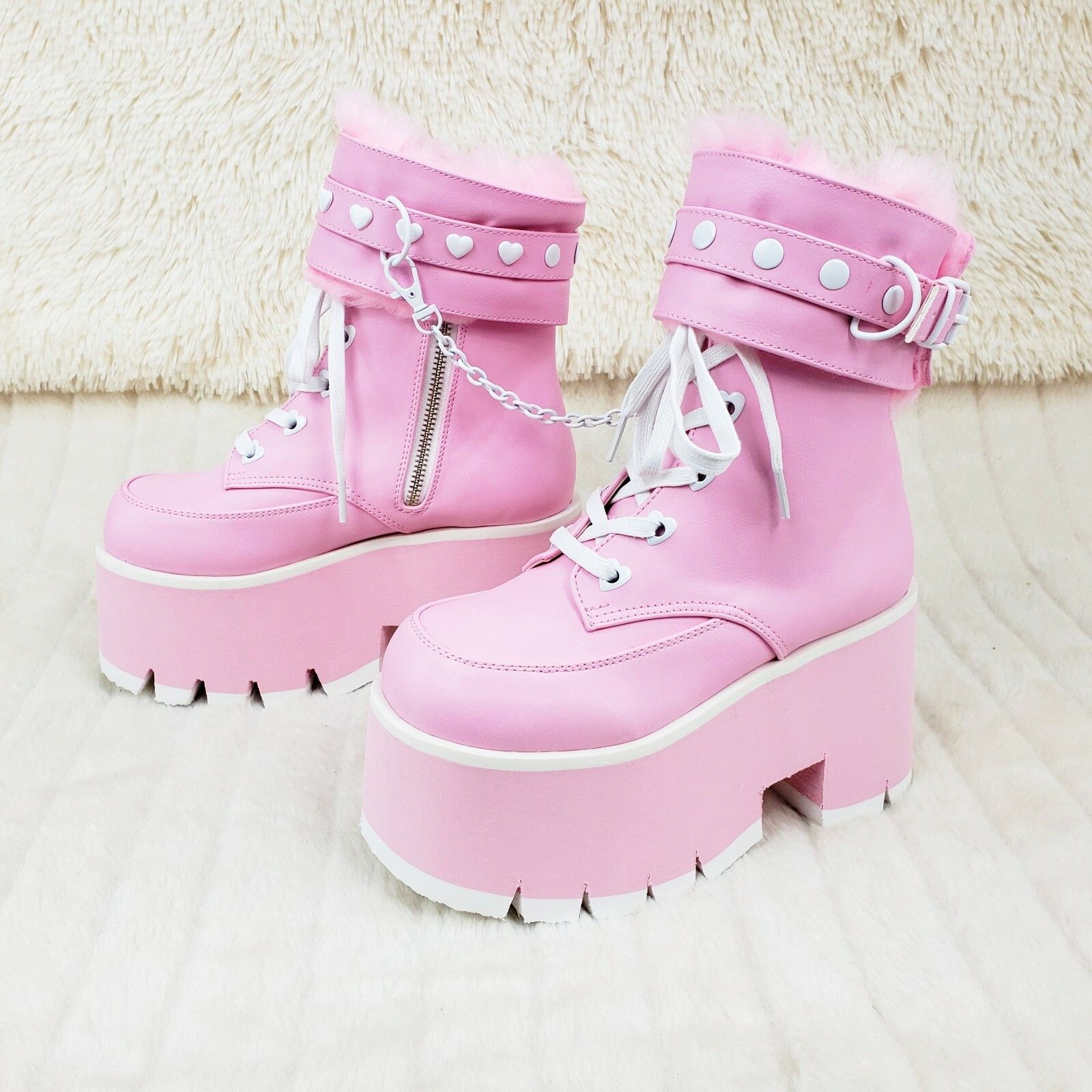 Other Ashes 57 Pink Heart Studs 3.5" Platform Goth Boots Fur Lined Size US 7 / IT 37 - 6 Thumbnail