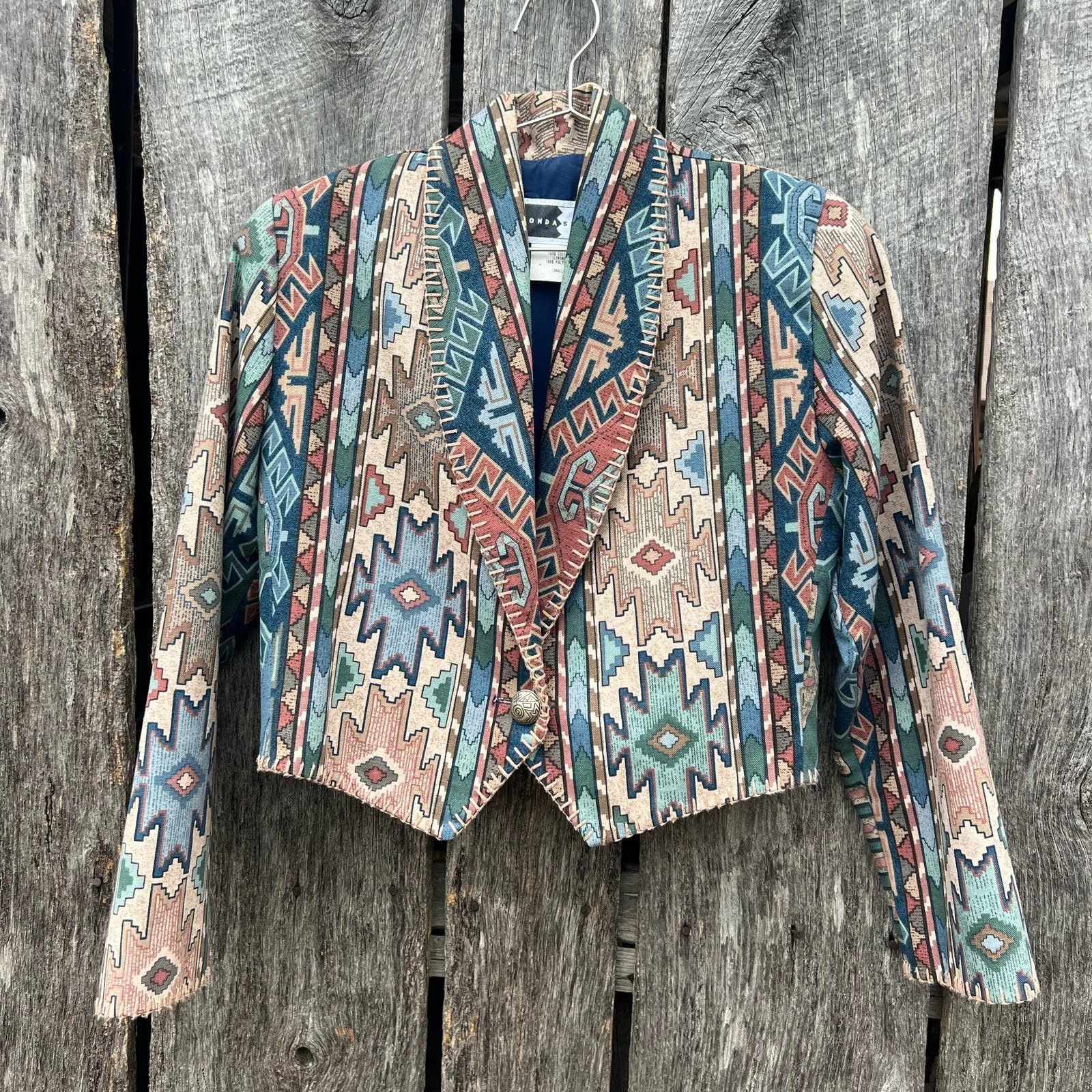 Image of Vintage 90's Pastel Southwestern Aztec Crop Blazer Cowgirl Western in Blue, Women's (Size Small)