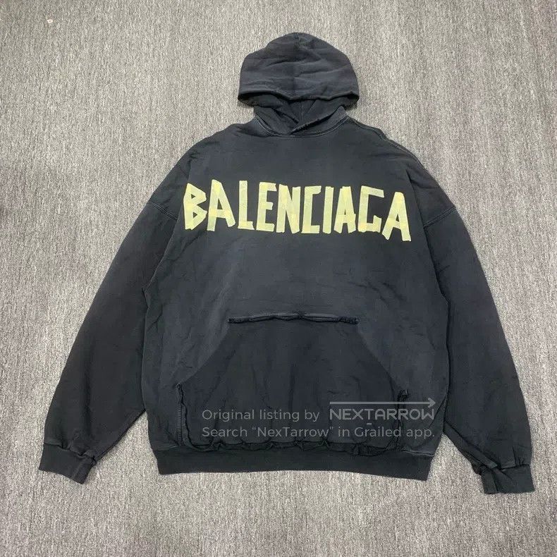 Balenciaga Balenciaga Black Water-Washed Destroyed Tape Hoodie Sweats Size US L / EU 52-54 / 3 - 1 Thumbnail