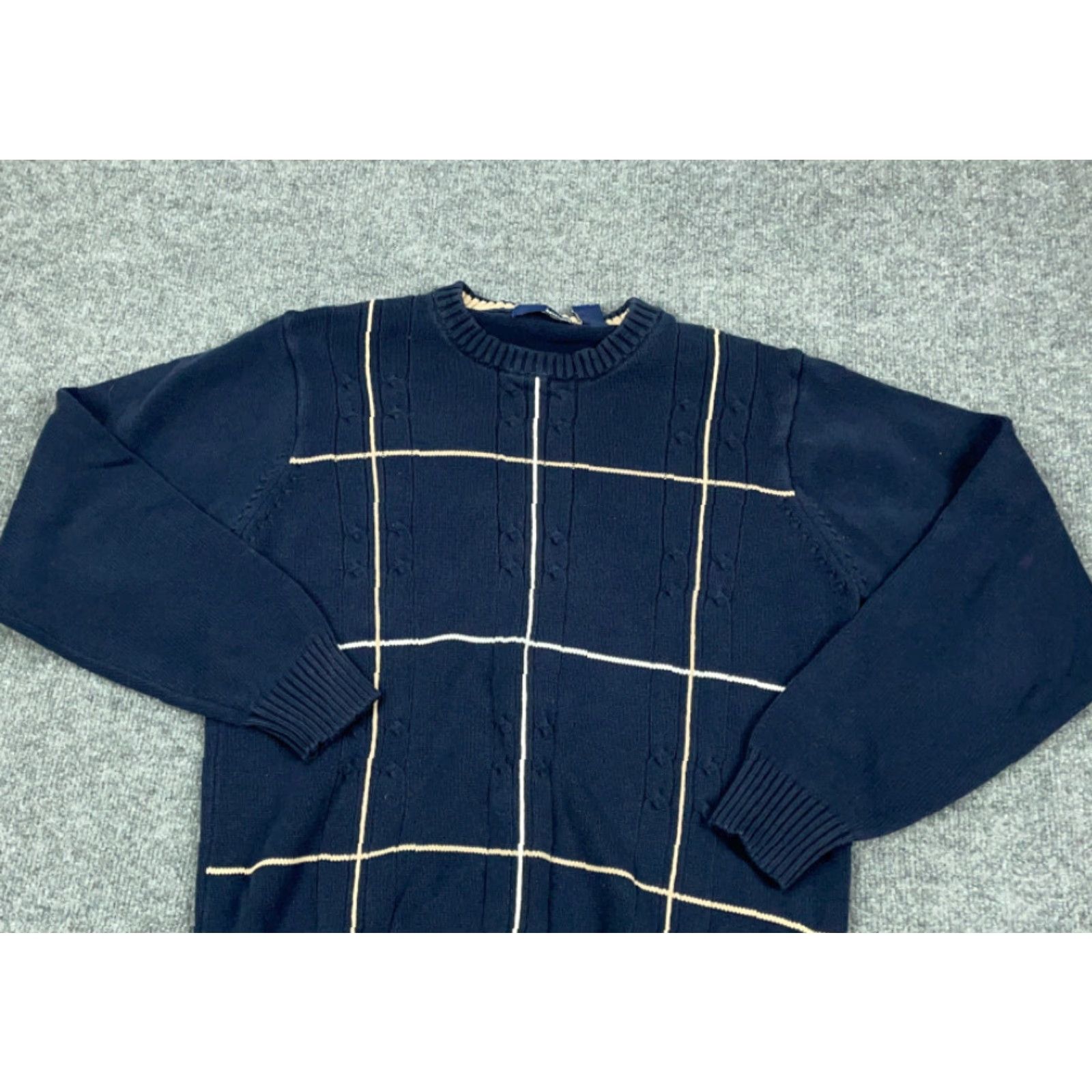 Basic Editions Dad Style Blue Textured Grid Check Pullover Sweater Adult Medium Knit Crew Neck Mens Casual Size US M / EU 48-50 / 2 - 3 Thumbnail