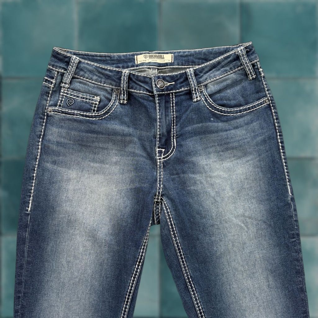 Denime Rock & Roll Denim Jeans Womens 27x30 Blue Mid Rise Bootcut Stretch 5-Pocket Embroidered Denim Riding Y2K Size 27" / US 4 / IT 40 - 1 Thumbnail