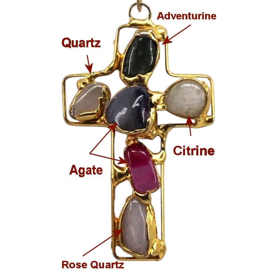 Other 3" Goldtone Christian Cross Pendent • 6 Genuine Gemstones Size ONE SIZE - 4 Thumbnail