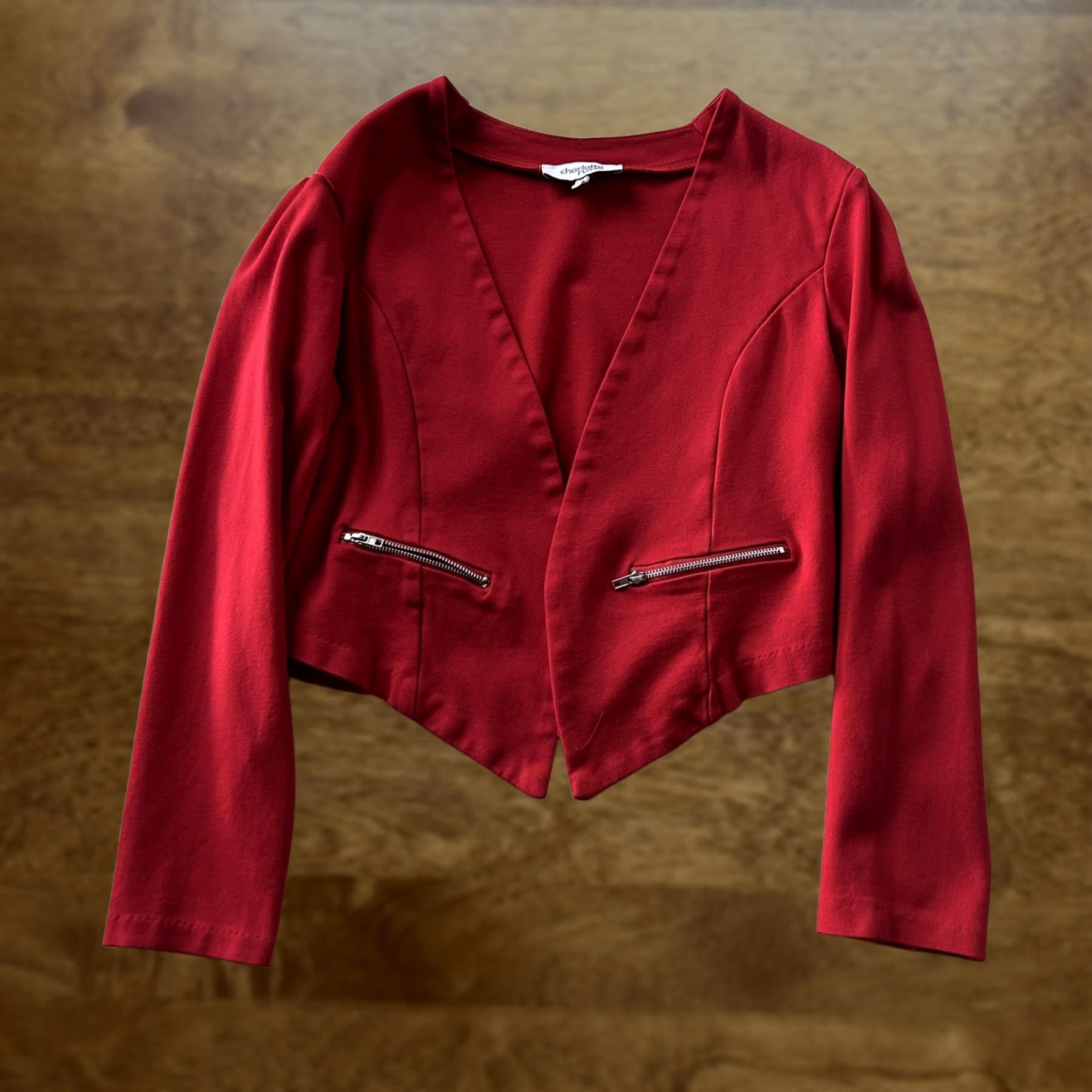 Vintage Y2K Charlotte Russe Blazer Jacket Womens Small Red Collarless Open Zip Knit Jacket Womens Small Red Size S / US 4 / IT 40 - 1 Thumbnail