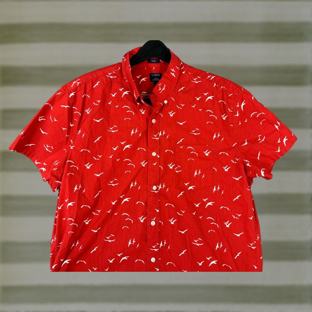 J.Crew VINTAGE J. Crew Slim Button Down Shirt Mens XL Red White Bird Print Flex Washed Stretch Short Sleeve Size US XL / EU 56 / 4 - 1 Thumbnail