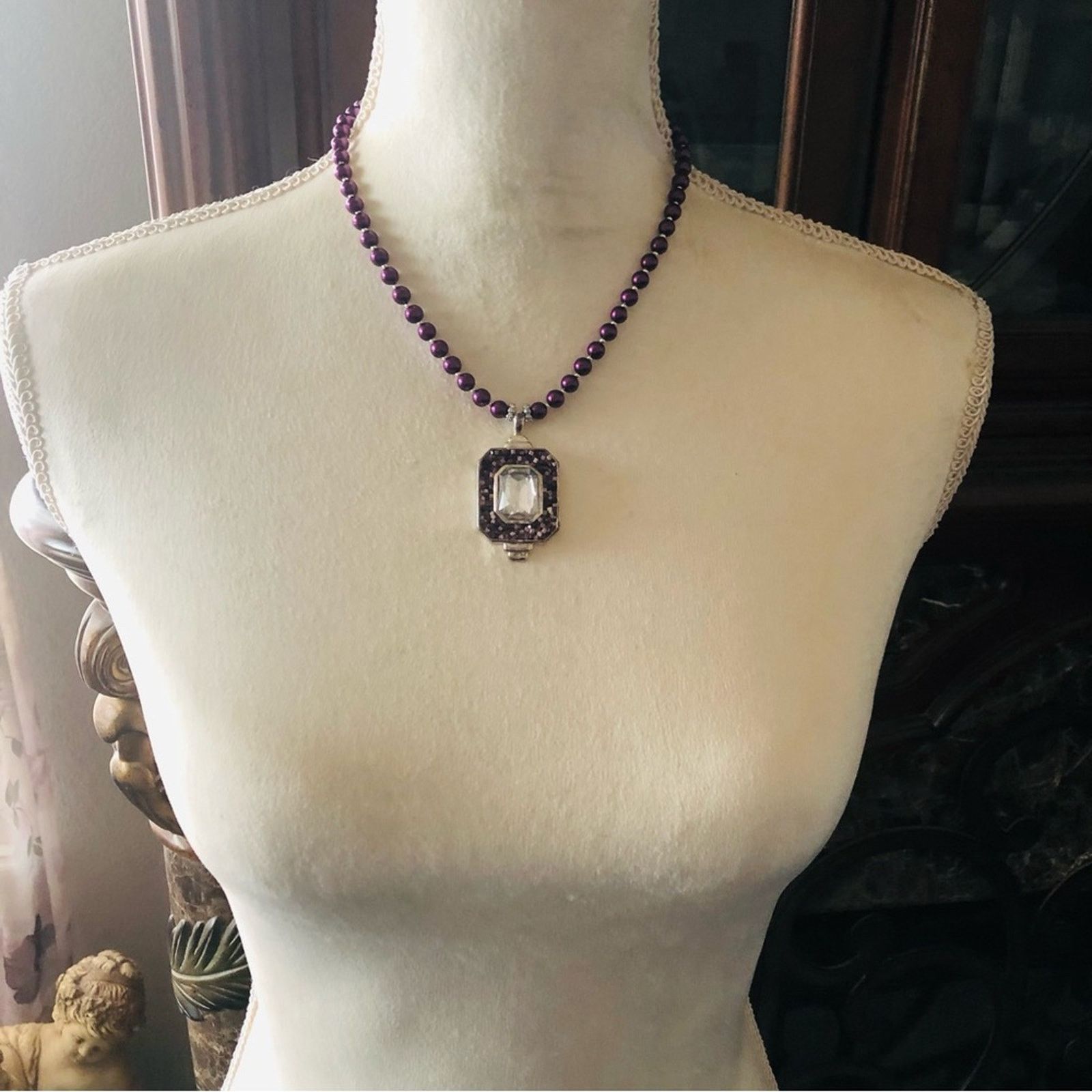 Handmade Handcrafted repurpose vintage mosaic pendant Pearl necklace Size ONE SIZE - 6 Thumbnail