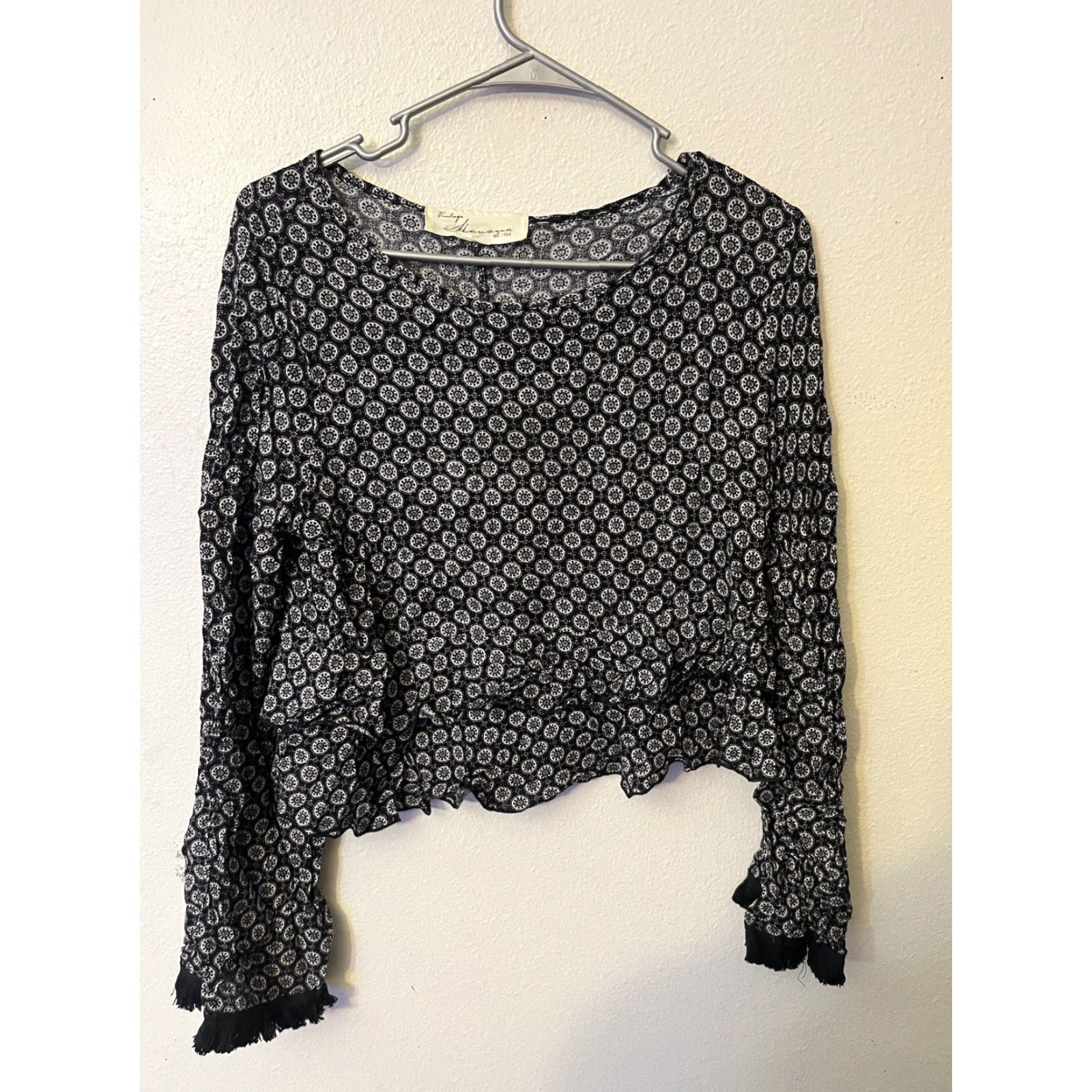 Vintage Havana Vintage Havana Blouse Womens Top Blue Bell Sleeve Floral Knit Rayon M Size Medium - Peasant Style, V-Neck, Drawstring, Casual, Regular Fit Size M / US 6-8 / IT 42-44 - 2 Thumbnail