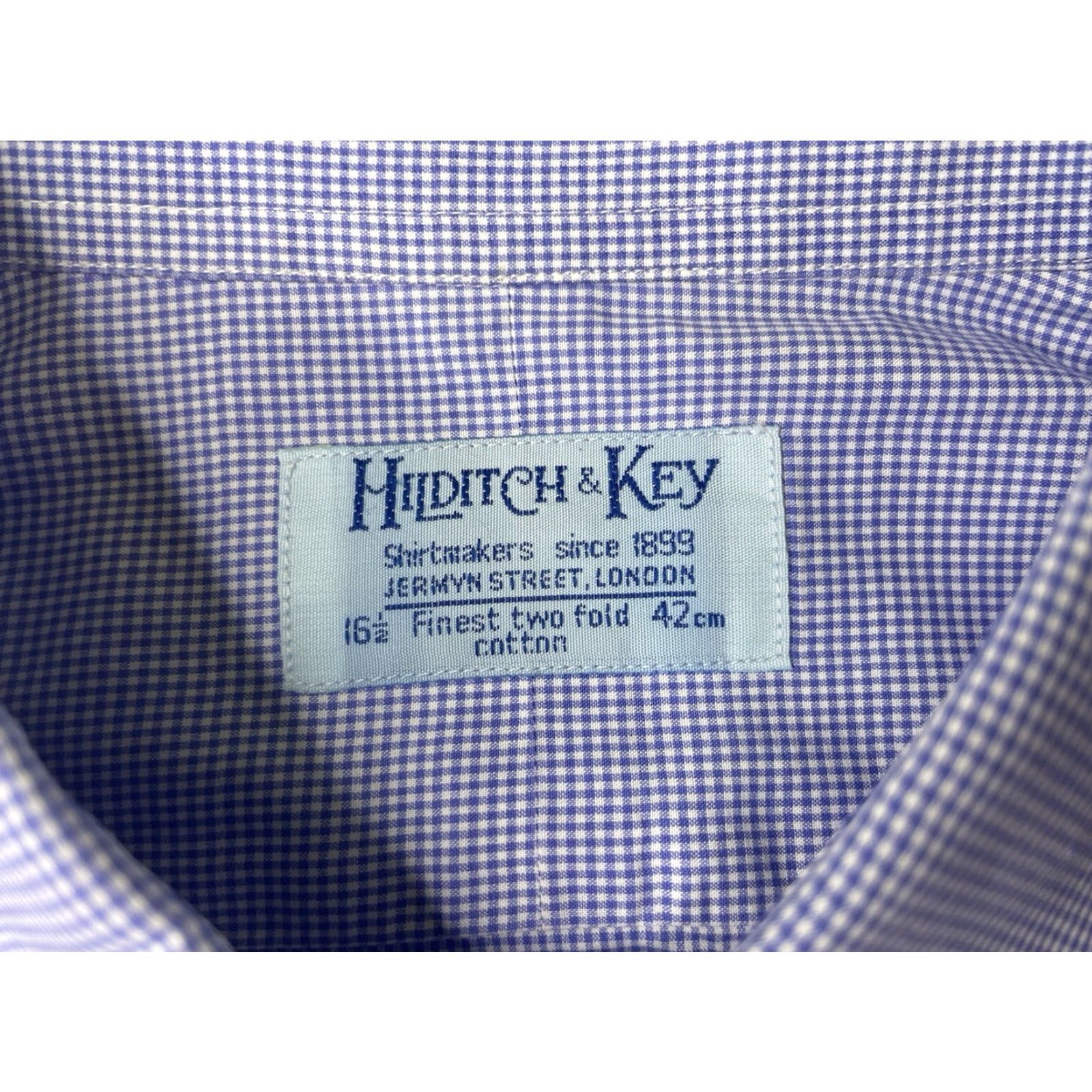 Vintage Hilditch & Key Dress Shirt Blue White Check Long Sleeve 16.5 French Cuff Button-Up Mens Regular Size 16.5 Shirt Size 46R - 3 Thumbnail
