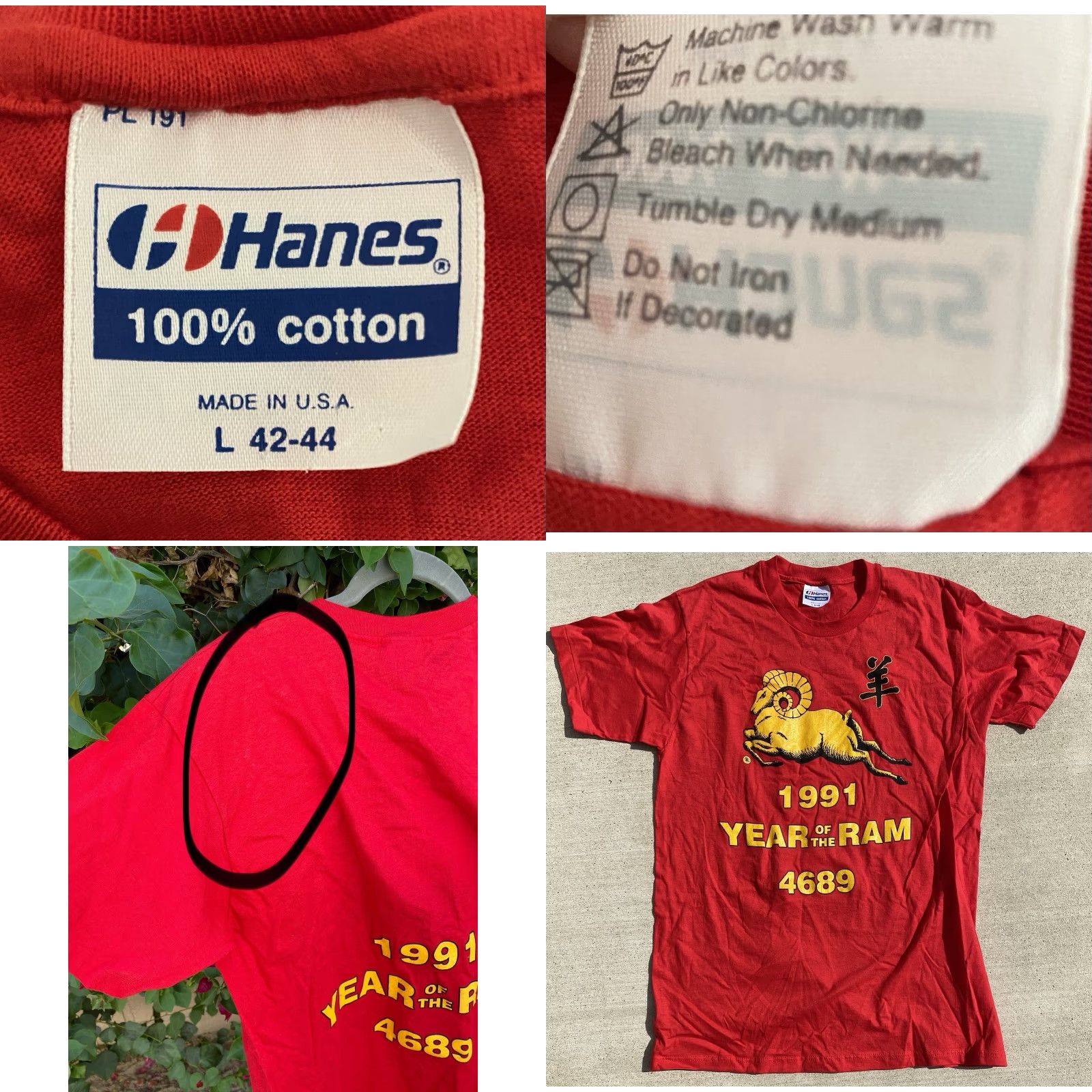 Hanes VINTAGE Hanes Year Of The Ram T-Shirt L USA Made Red Graphic Front Back 1991 90s Mens Size US L / EU 52-54 / 3 - 8 Thumbnail
