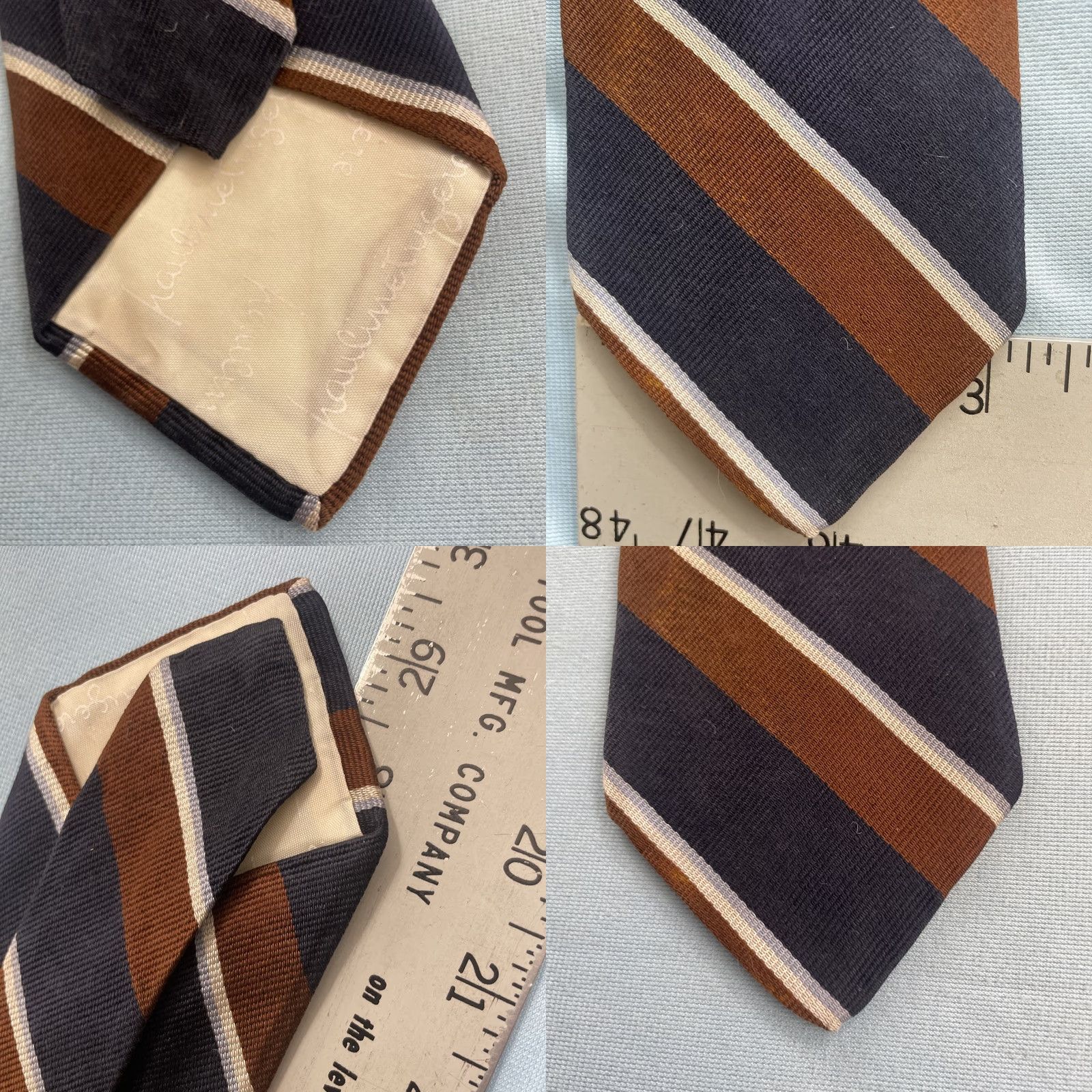 Vintage VINTAGE Pauline Trigère Silk Repp Tie Striped Navy Brown White 60" 3.2" Tie Mens 70s Designer Capstone Capsule Neckwear Size ONE SIZE - 8 Thumbnail