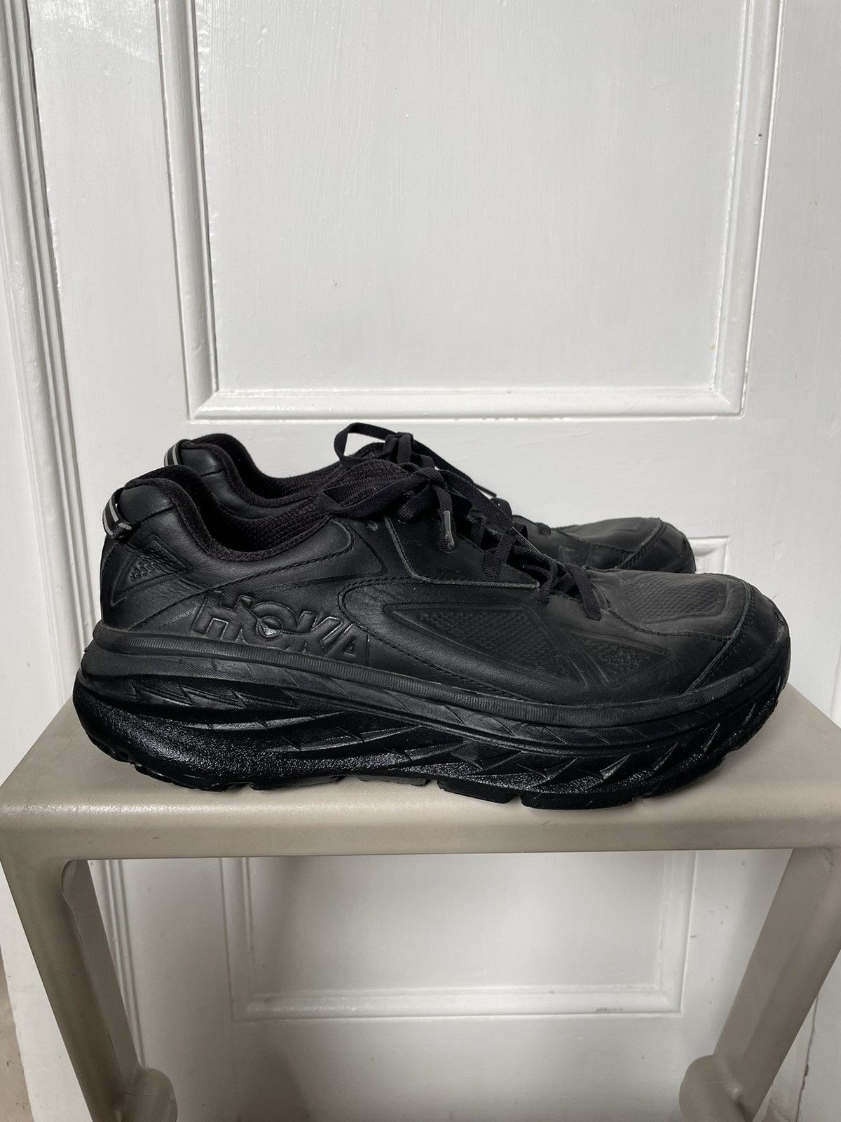 image of Hoka One One Bondi Black Leather Shoes, Men's (Size 10.5)