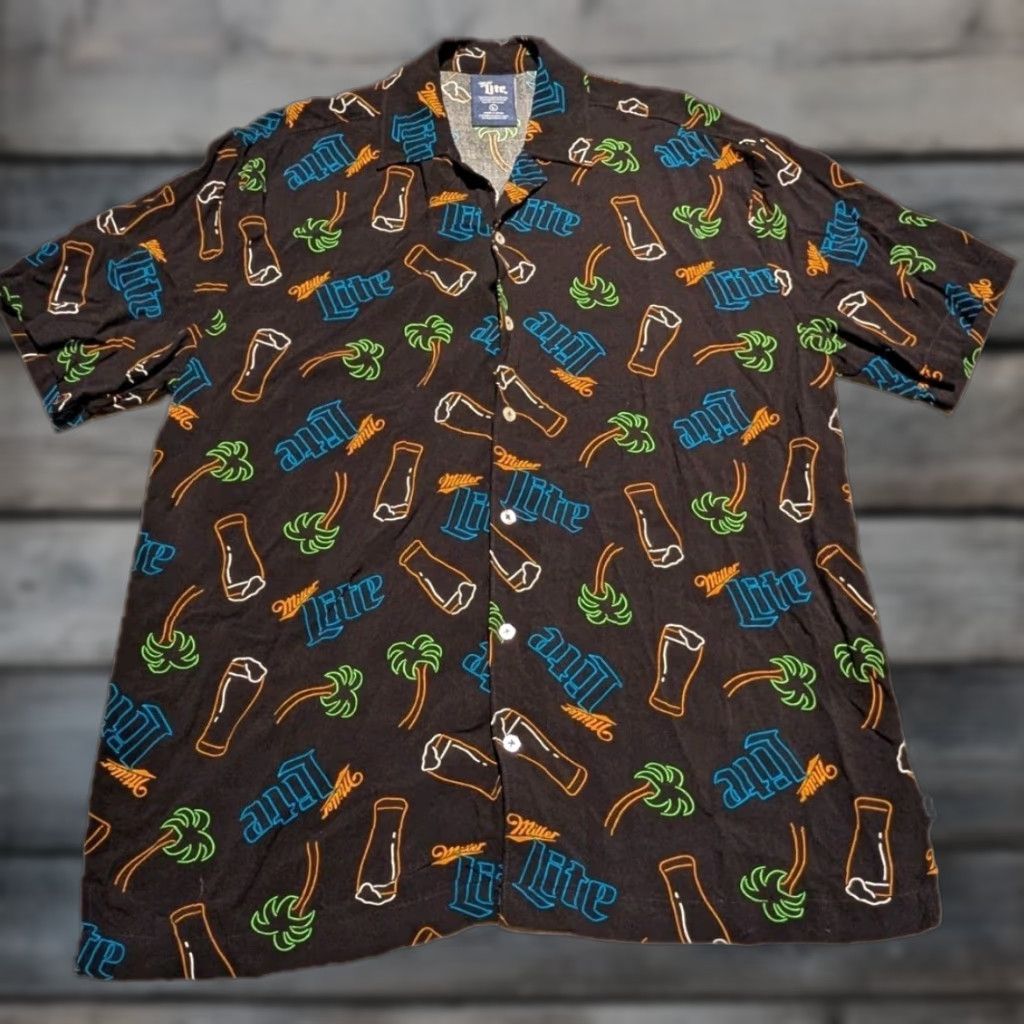 Vintage Miller Lite Beer Neon Sign Print Hawaiian Shirt Men L Black Short Sleeve Rayon Size US L / EU 52-54 / 3 - 1 Thumbnail