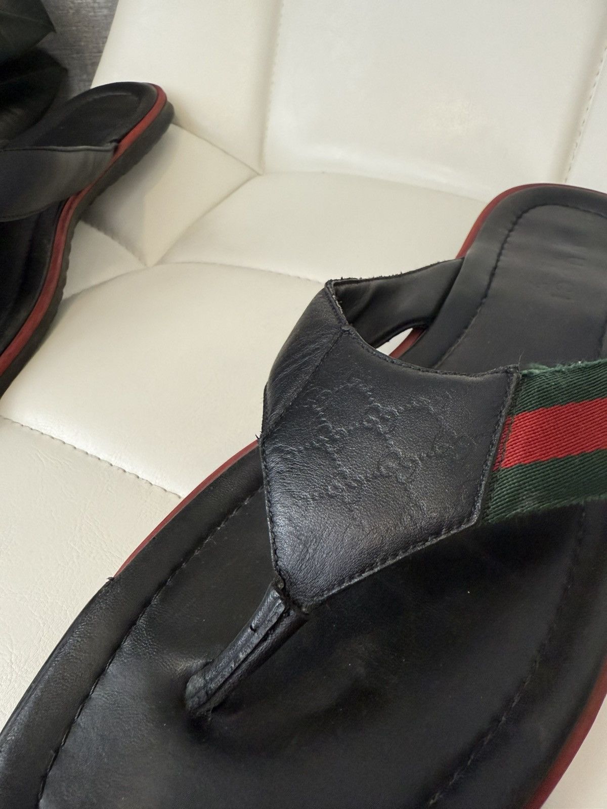 Gucci Gucci Black Leather Flip Flops Sandals GG Web Stripe Slides Size US 11 / EU 44 - 5 Thumbnail