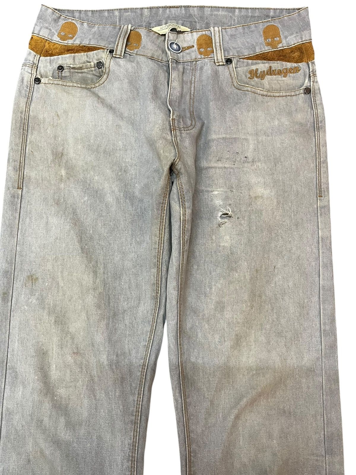 HYDROGEN Vintage Hydrogen Italy Skulls Embroidery Distressed Denim Size US 30 / EU 46 - 2 Thumbnail