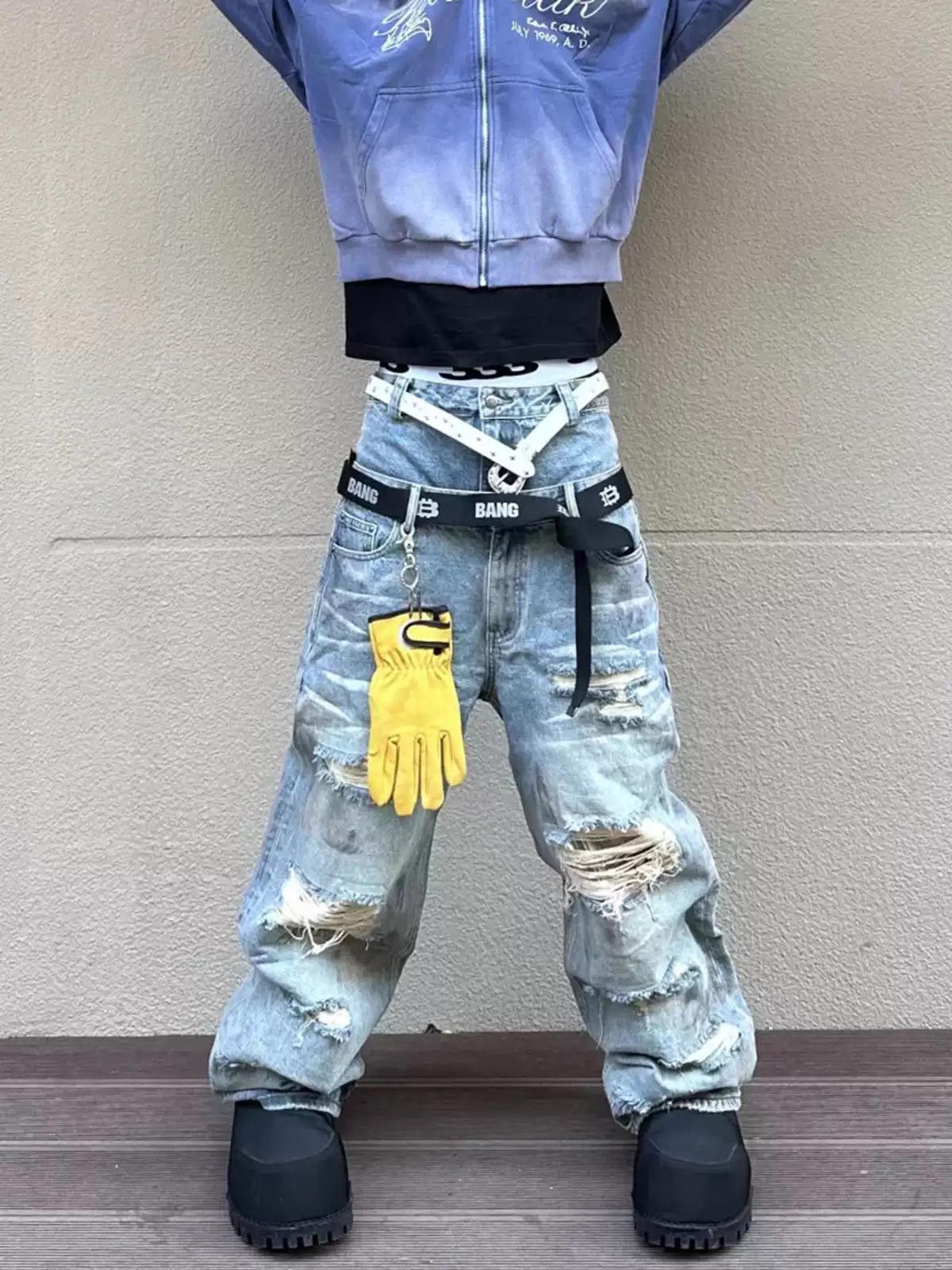 Jean Double-Waistband Ripped Floor-Length Wide-Leg Denim Jeans Size US 30 / EU 46 - 4 Thumbnail