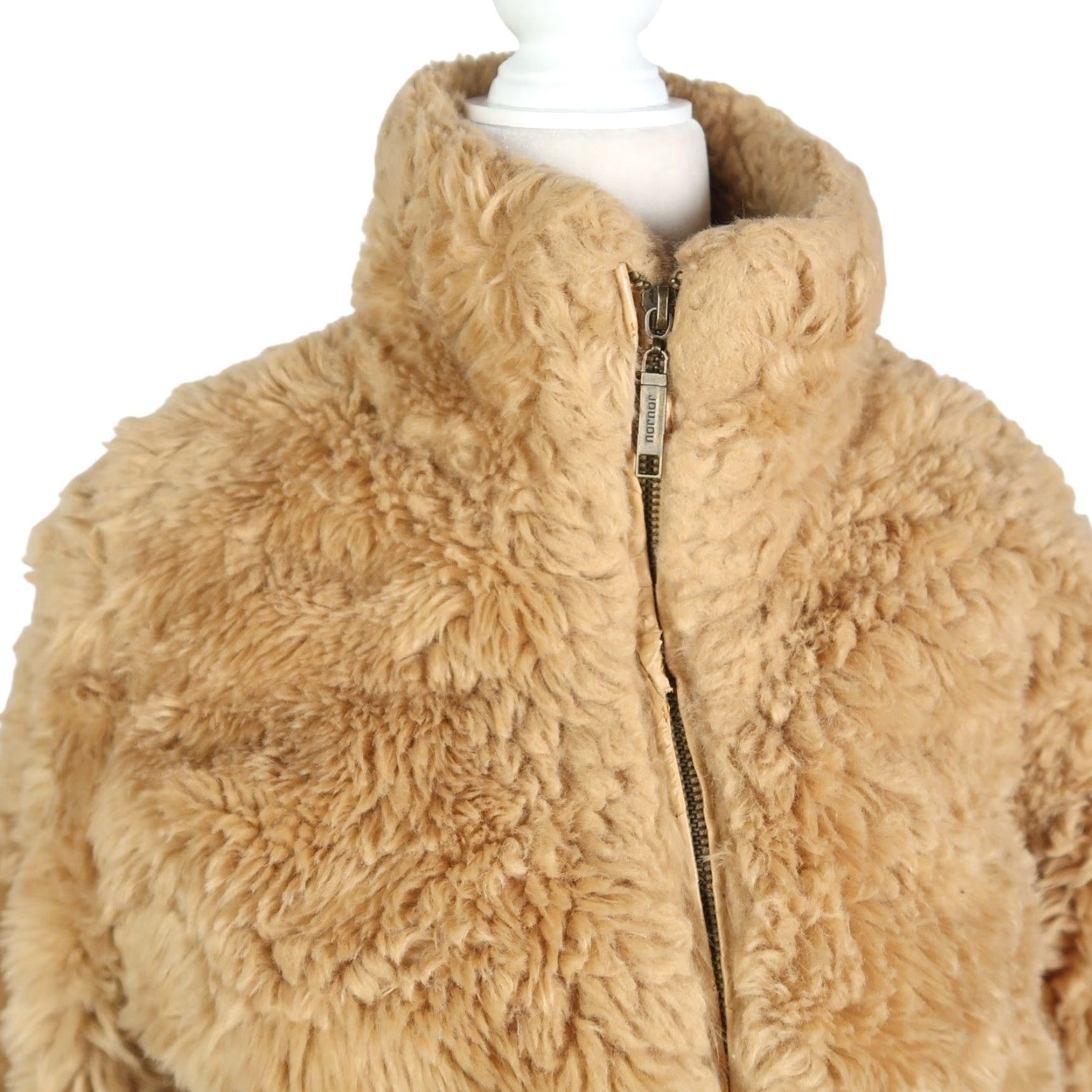 Vintage VINTAGE JouJou Tan Faux Fur Fluffy Bomber Jacket M Womens 90s Bohemian Zip Short Coat Casual 3/4 Sleeve - Length 20" Size M / US 6-8 / IT 42-44 - 2 Thumbnail