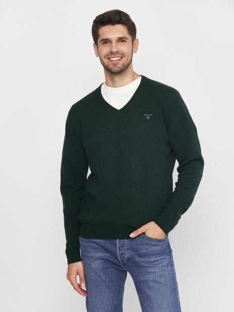 Gant Gant Mens Dark Green Extra Fine Lambswool V-Neck Sweater Size US L / EU 52-54 / 3 - 1 Thumbnail