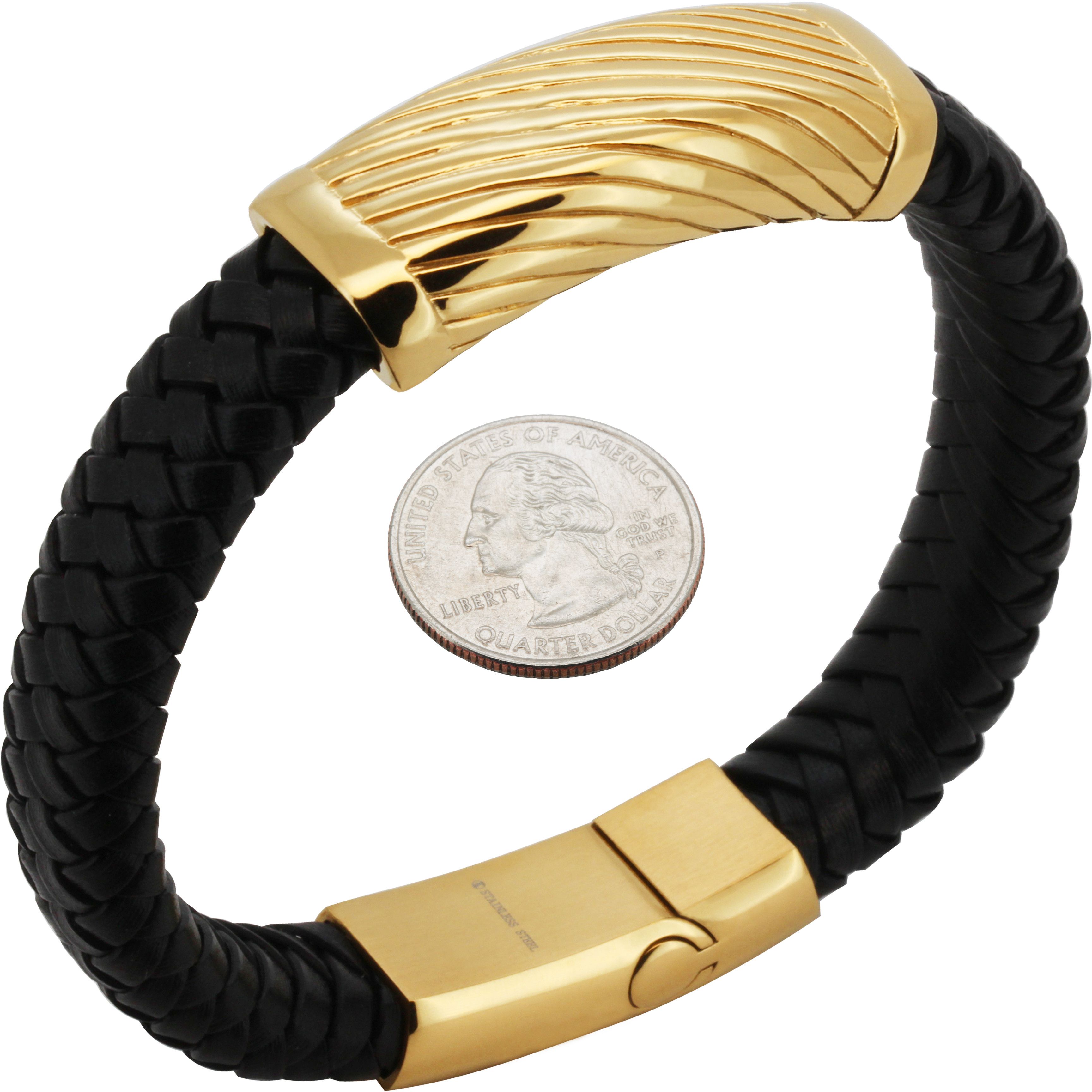 Other 316L Stainless Steel 18k GP 16mm Stripe Leather Bracelet8.5” Size ONE SIZE - 1 Preview