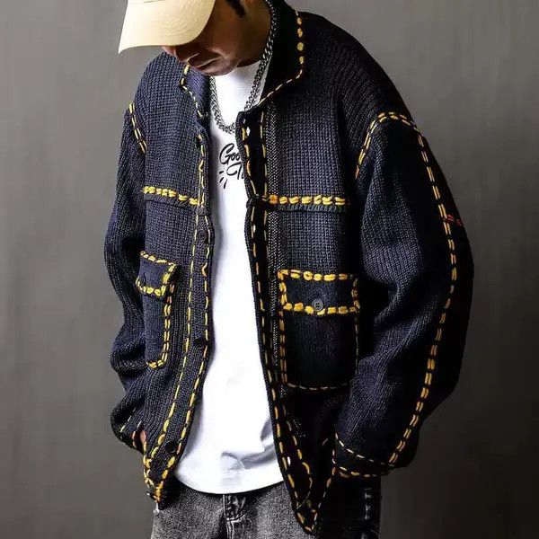 Vintage Contrast Stitch Knitted Sweater Jacket - Patch Pockets Size US M / EU 48-50 / 2 - 5 Thumbnail