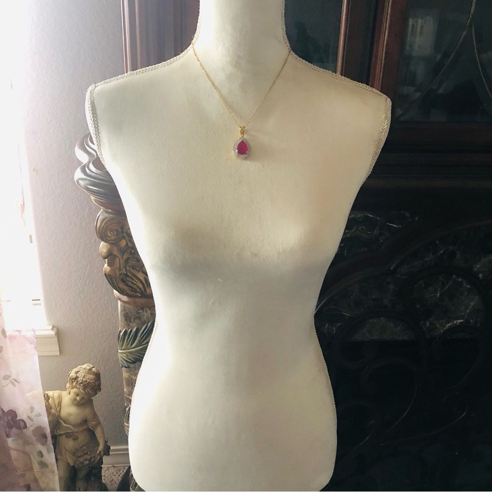 Vintage Teardrop natural oriental ruby cz halo gold vermeil pendant Size ONE SIZE - 11 Thumbnail