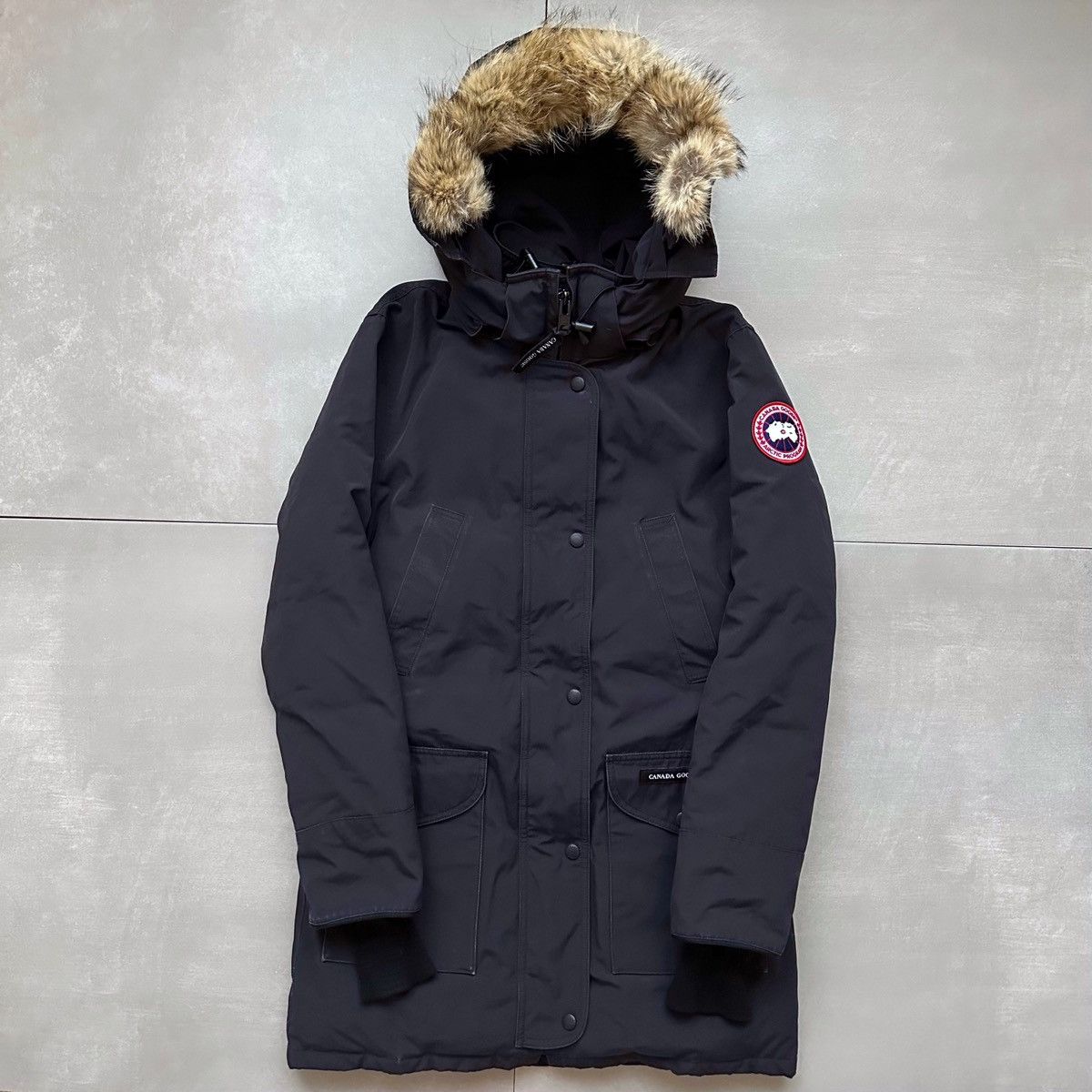 image of Canada Goose Trillium Parka Down Jacket W/ Coyote Fur in Navy, Women's (Size XS)