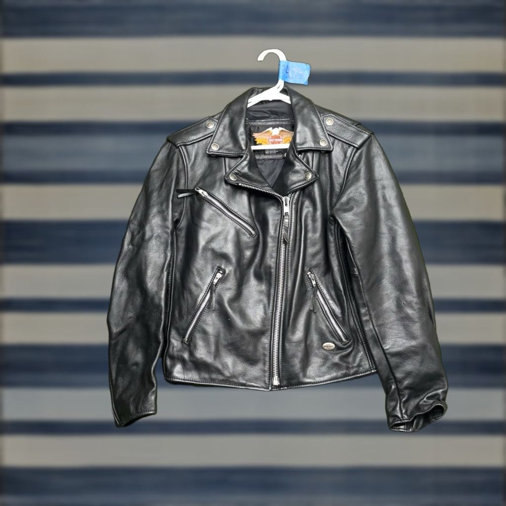Harley Davidson VINTAGE Harley-Davidson Leather Jacket Womens Medium Motorcycle Biker USA 80s Black Solid Long Sleeve Short Jacket Womens Size M / US 6-8 / IT 42-44 - 1 Thumbnail