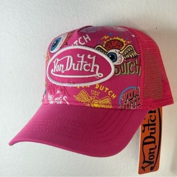 Designer × Von Dutch NWT VON DUTCH JAX HOT PINK ALL OVER PRINT TRUCKER HAT Size ONE SIZE - 4 Thumbnail