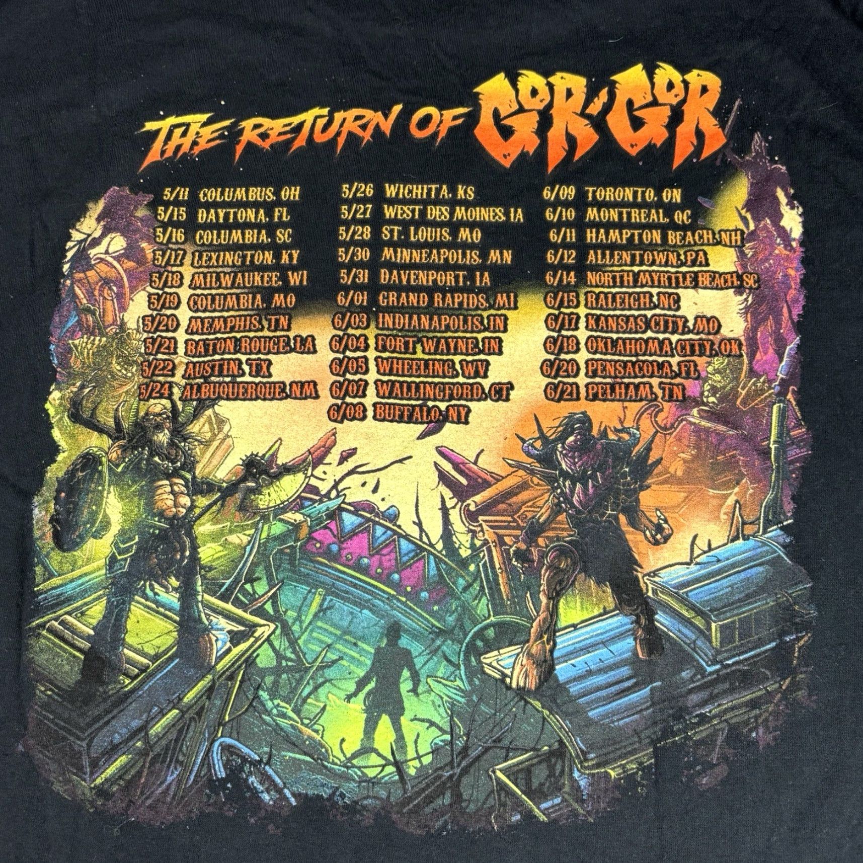VINTAGE GWAR The Return of GOR GOR Tour Dates Double-Sided 2XL T-Shirt Mens Multicolor 90s Gildan 5000 Regular Short Sleeve Personalize
