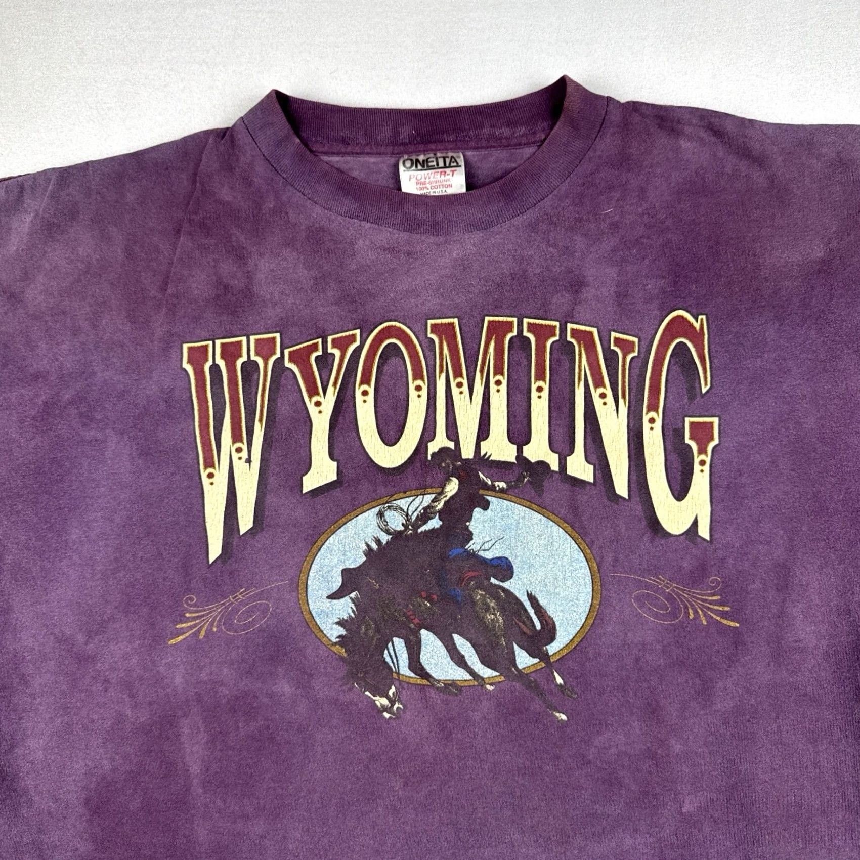 Vintage VINTAGE Wyoming Cowboy Bronco Shirt Purple Sun Faded Oneita USA Made XL Mens 90s Size US XL / EU 56 / 4 - 2 Thumbnail
