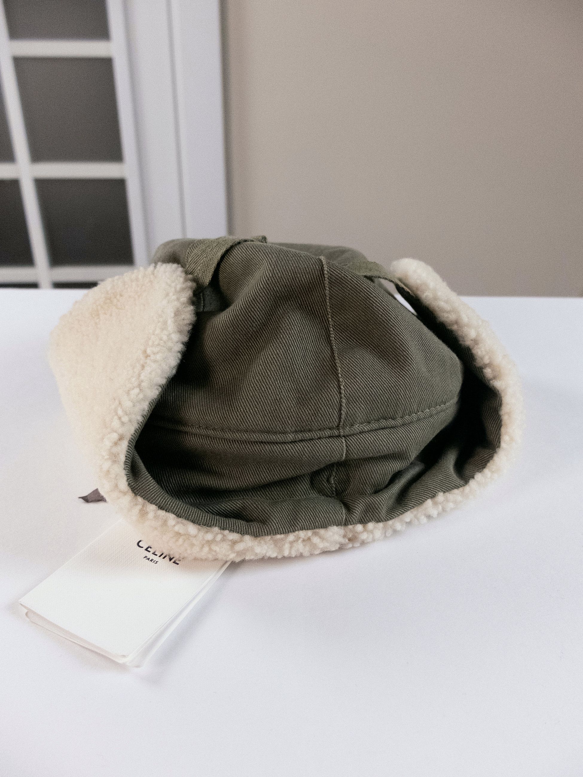 Celine CELINE Triomphe Chapka Shearling & green cotton ear flap hat Size ONE SIZE - 7 Thumbnail