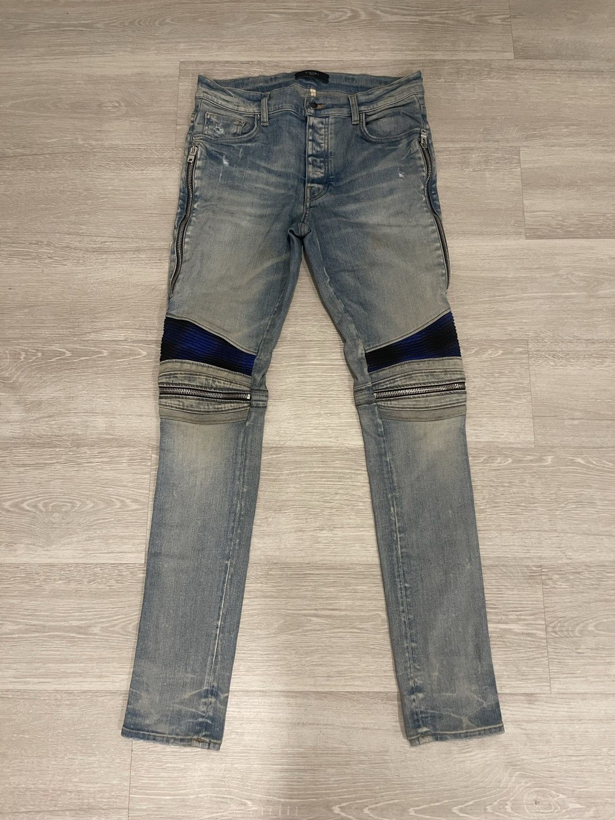 Image of Amiri Mx2 Plaid Zip Knee Jeans in Blue, Men's (Size 33)