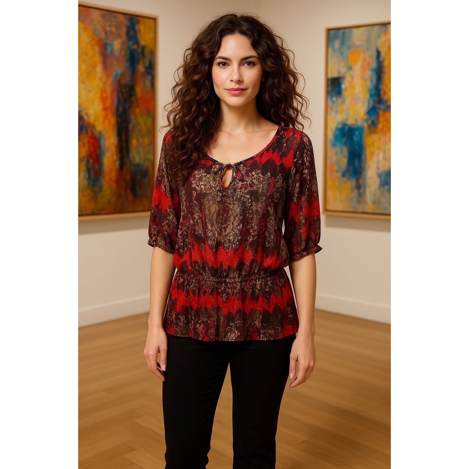 Other AGB XL Sheer Lace Tunic Red Black Snake Tie Neck Blouse Roma Size XL / US 12-14 / IT 48-50 - 3 Thumbnail