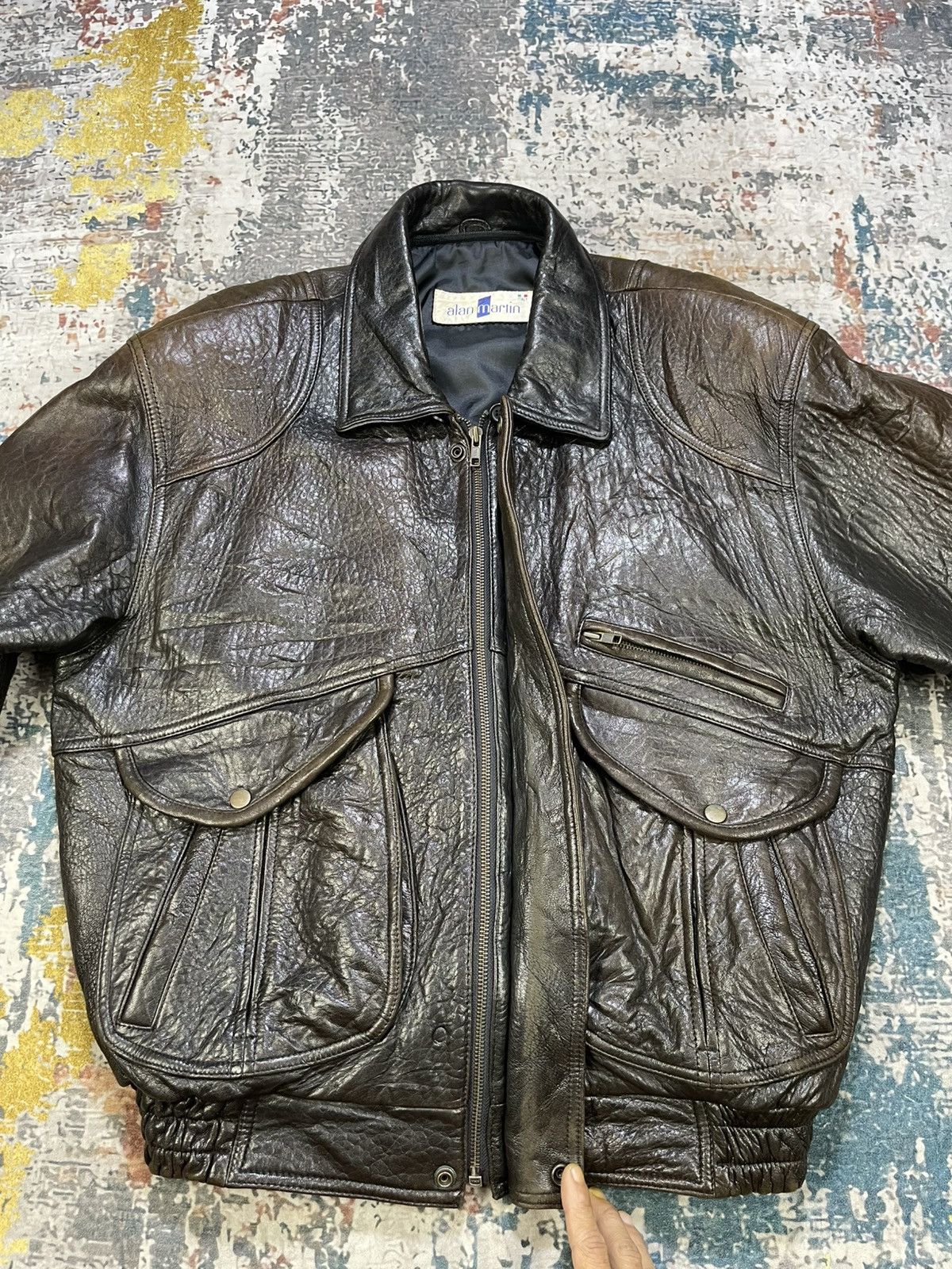 Genuine Leather Vtg Alan Martin Italy Back Embossed Sheepskin Bombers Size US L / EU 52-54 / 3 - 7 Thumbnail