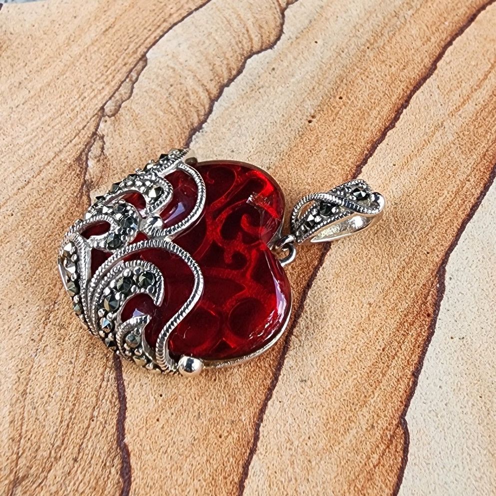 Designer Ross-Simons Sterling Silver Marcasite Glass Heart Pendant Size ONE SIZE - 3 Thumbnail