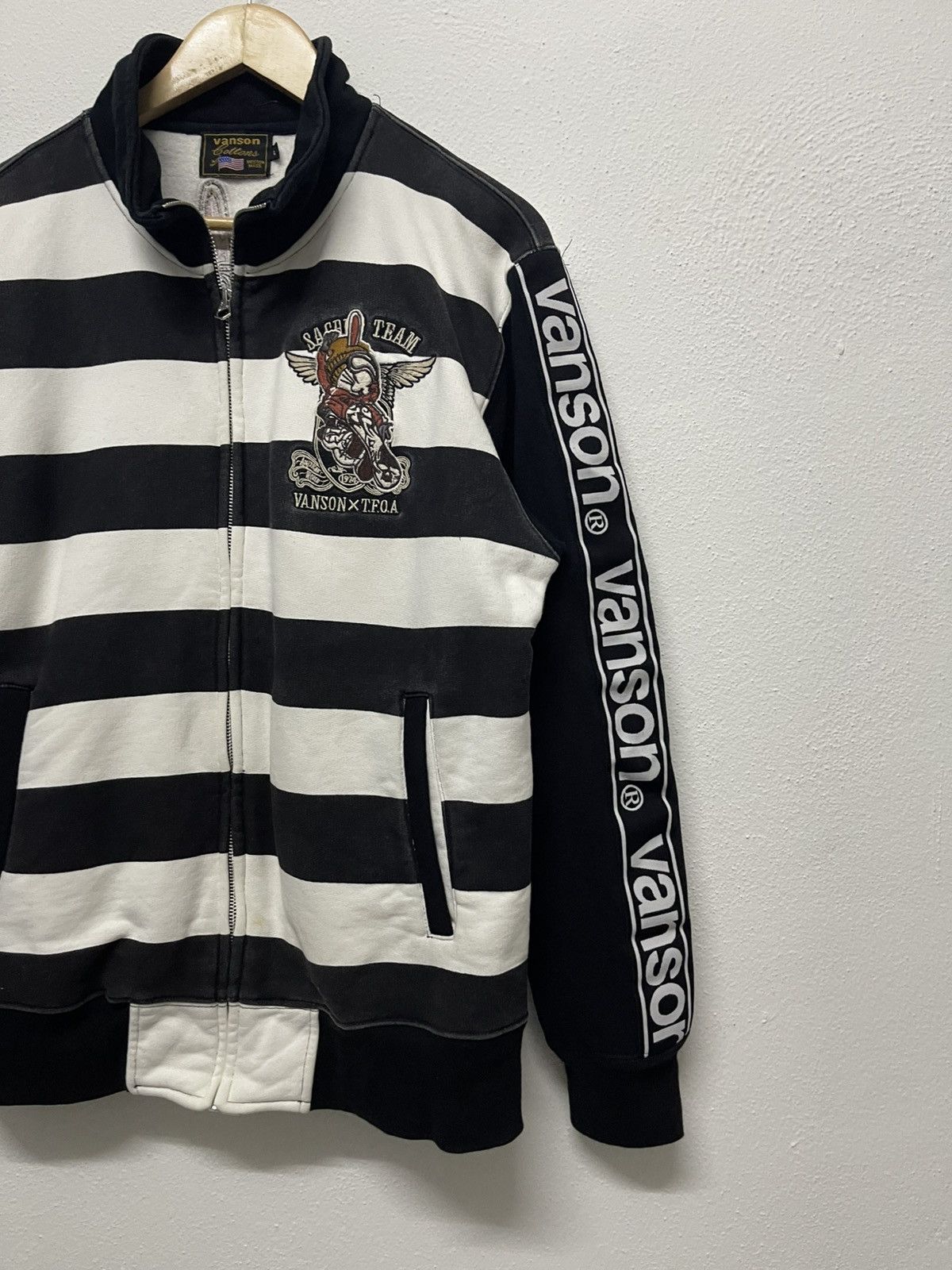 Japanese Brand × Vanson Leathers × Vintage 2000s VANSON X T.F.O.A STRIPES EMBROIDERED ZIPPER SWEATER Size US L / EU 52-54 / 3 - 5 Thumbnail
