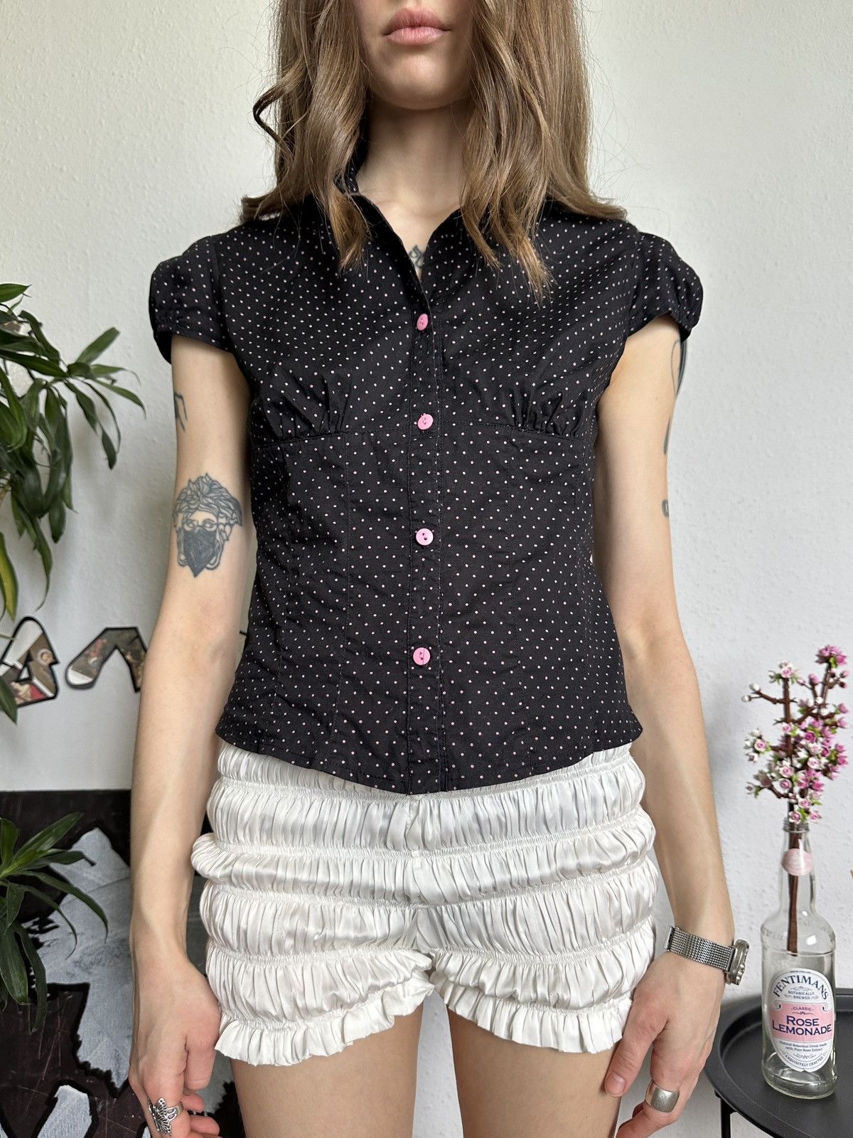 Vintage Cute Slim Polka Dot Button Sexy Trending Blouse Size M / US 6-8 / IT 42-44 - 3 Thumbnail
