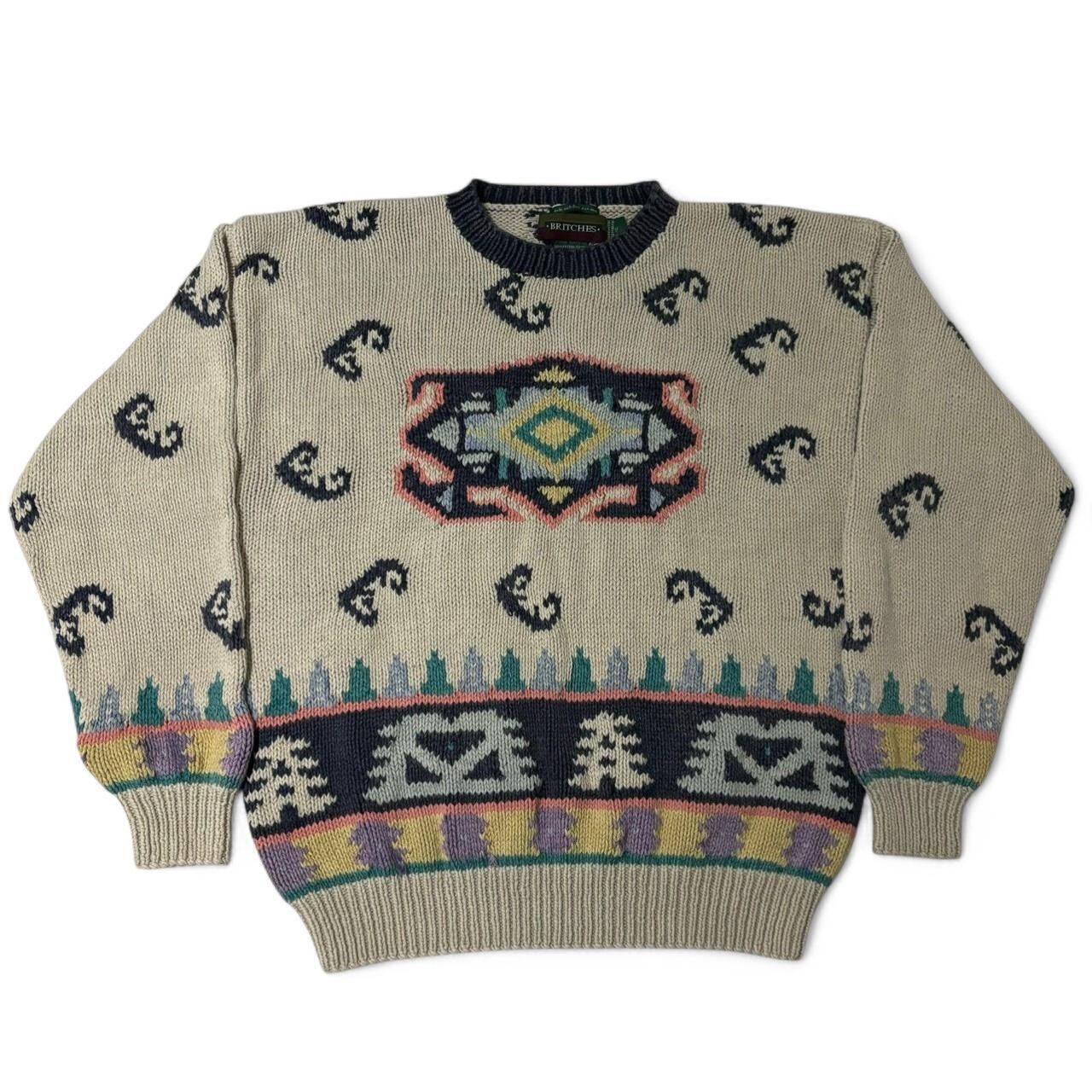 Vintage Vintage 1990s Patterned Beige Knit Sweater Size US L / EU 52-54 / 3 - 1 Thumbnail