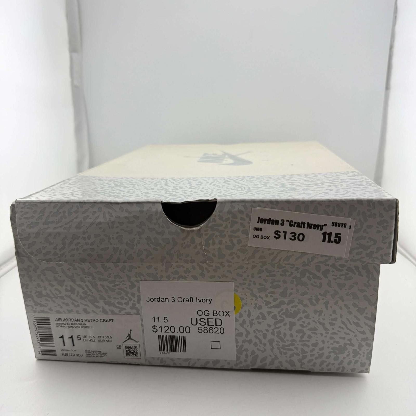 Nike Jordan 3 Retro Craft Ivory US 11.5 Used with Box FJ9479-100 Size US 11.5 / EU 44-45 - 8 Thumbnail