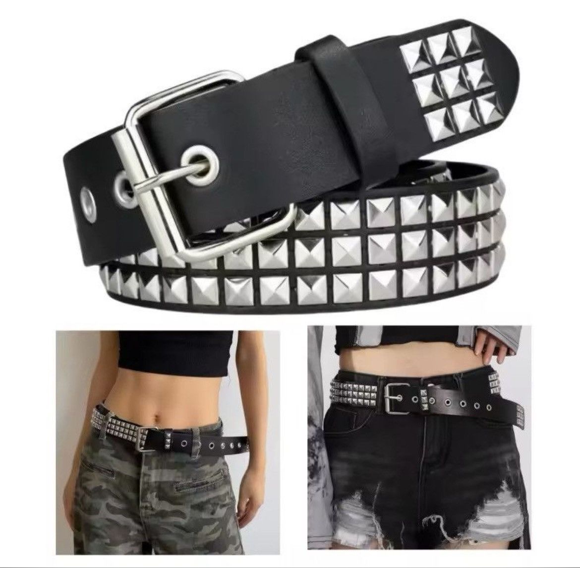 Leather 110cm Rivet Pyramid Studded PU Leather Belt Size ONE SIZE - 1 Thumbnail