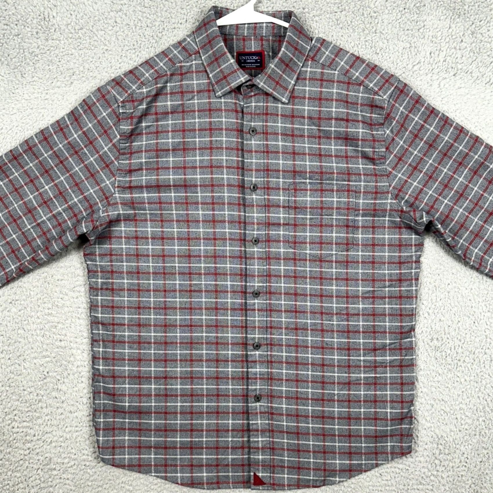 UNTUCKit UNTUCKit Mens M Shirt Button-Up Gray Red Plaid Pocket Stretch Casual EUC Size US M / EU 48-50 / 2 - 3 Thumbnail