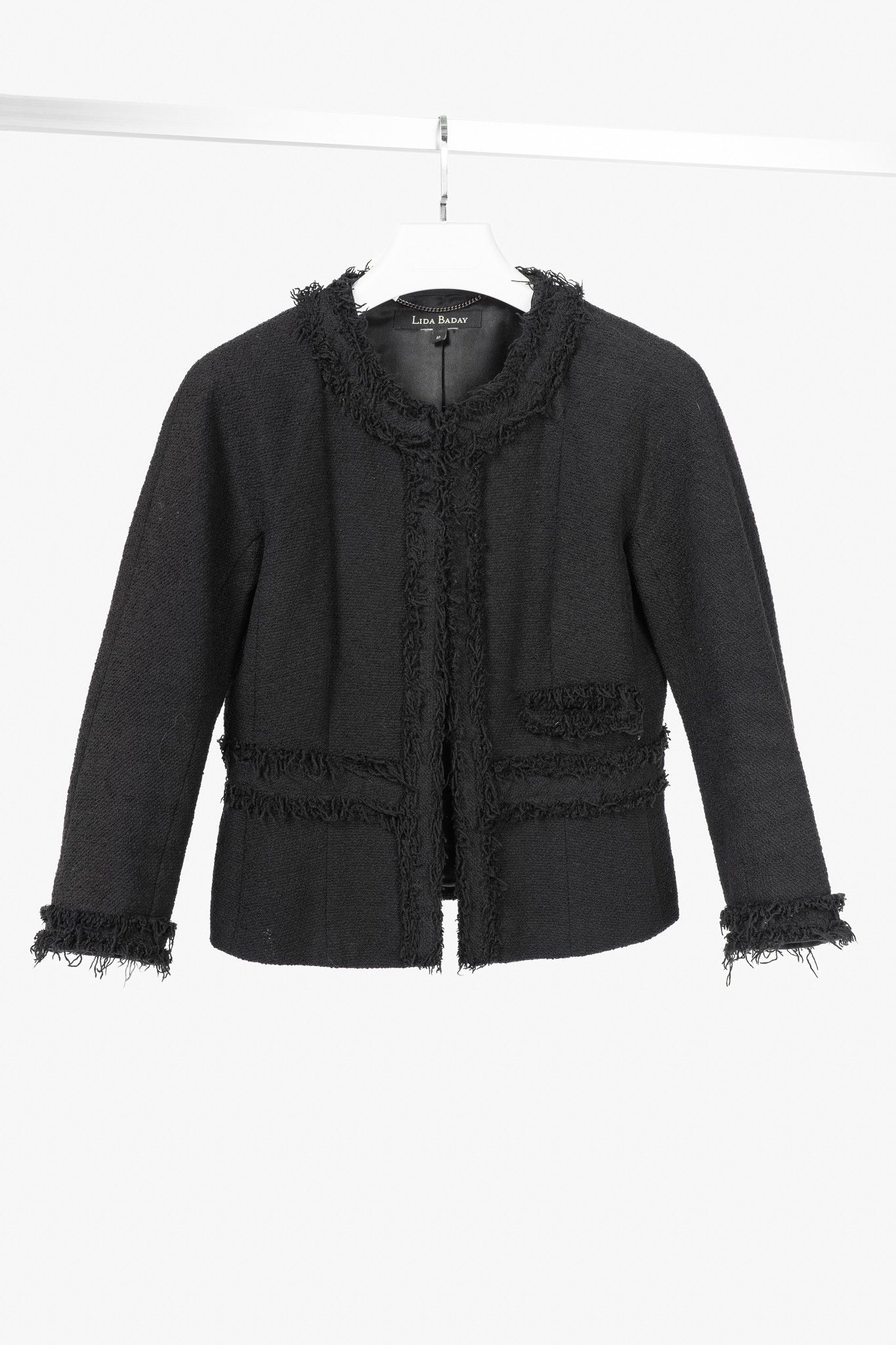 Other Lida Baday Black Boucle Tweed Fringe-Trim Jacket Size L / US 10 / IT 46 - 1 Thumbnail