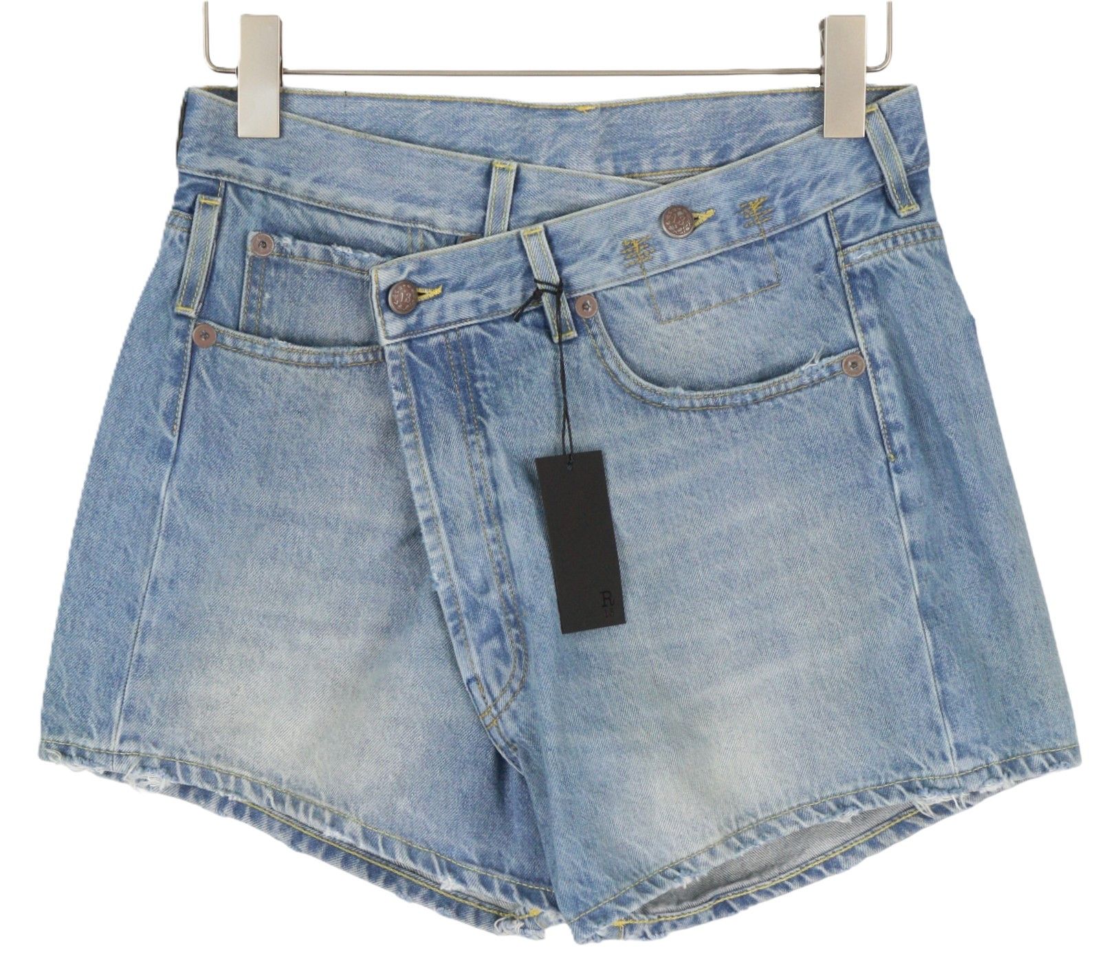 R13 CROSS OVER 25 Washed Denim Blue Asymmetrical Shorts 86146 Size 25" / US 0 / IT 36 - 1 Thumbnail