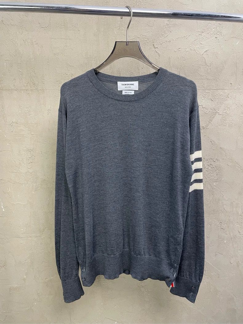 Thom browne Dark gray four-striped round-neck wool sweater