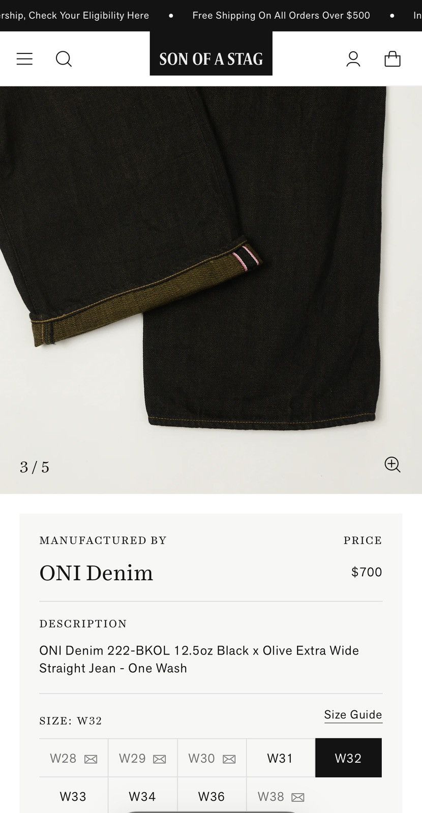 Oni ONI Denim 222-BKOL 12.5oz Black/Olive Wide Straight Jean W32 Size US 32 / EU 48 - 4 Thumbnail