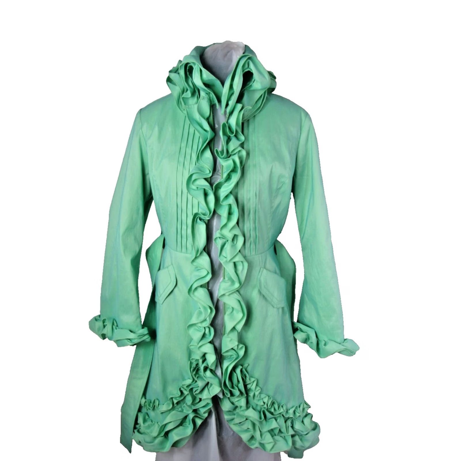 Vintage VINTAGE Samuel Dong Mint Green Ruffled Nylon Taffeta Belted Dress Coat - Medium Size M / US 6-8 / IT 42-44 - 3 Thumbnail