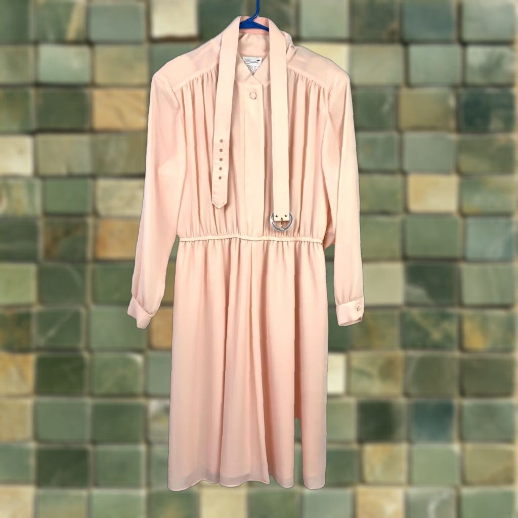 Vintage VINTAGE Serbin Peachy Pink Crepe Secretary Housewife Dress 18 Petite Pink 100% Polyester Blouson Cap Sleeves Womens Size XXL / US 16-18 / IT 52-54 - 1 Thumbnail