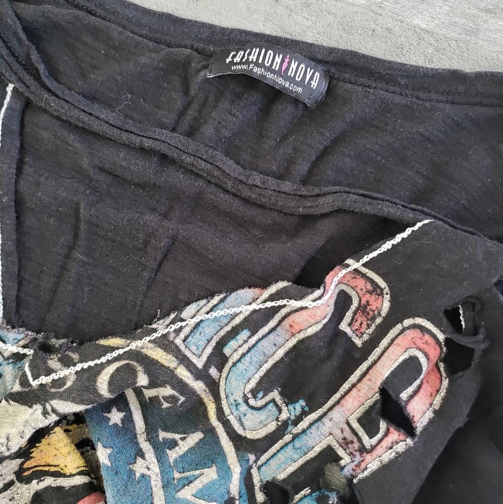 Fashion Nova Black Blue California FN Distressed Short Sleeve Size M / US 6-8 / IT 42-44 - 3 Thumbnail